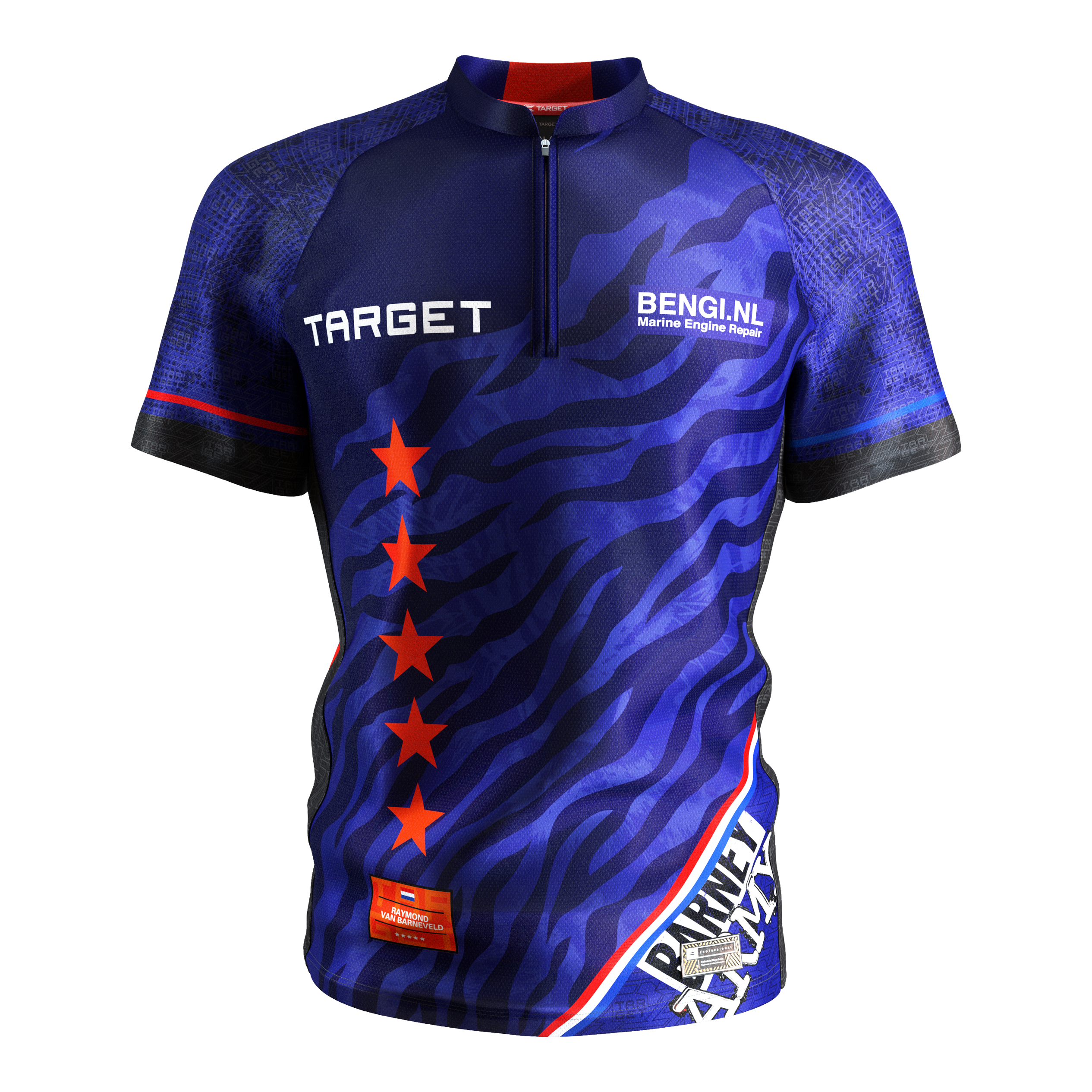 Target Coolplay Raymond Van Barneveld 2025 dart shirt Das Bild zeigt das Produkt "Target Coolplay Raymond Van Barneveld 2025 Dartshirt". Das Dartshirt ist hauptsächlich blau mit roten Sternen und weißen Schriftzügen.