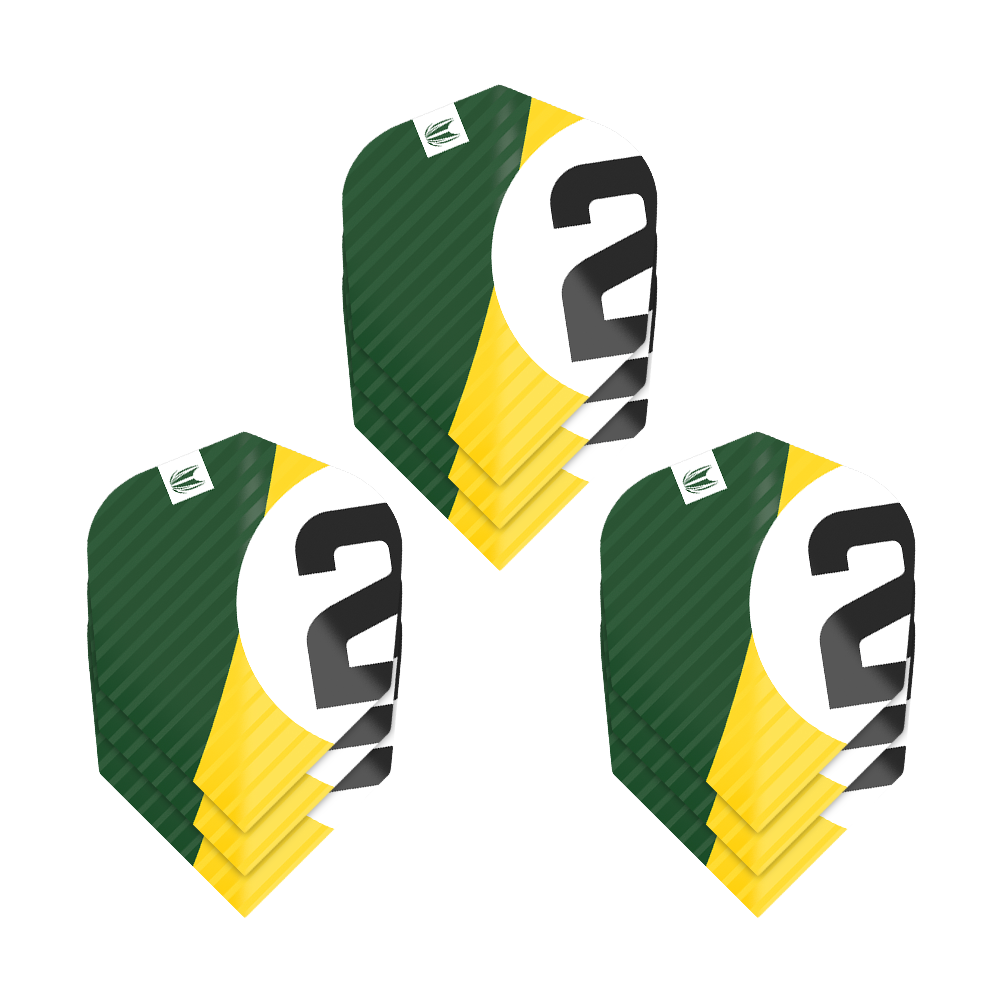 337208_Target_ProUltra_3Sets_Chicane_Green_No6_Flights_1m9d8pkiVeCDSW Das Bild zeigt drei Sätze der Target Pro Ultra Chicane Green No6 Flights. Die Flights sind grün, gelb und weiß mit einer schwarzen Zahl "2" darauf.