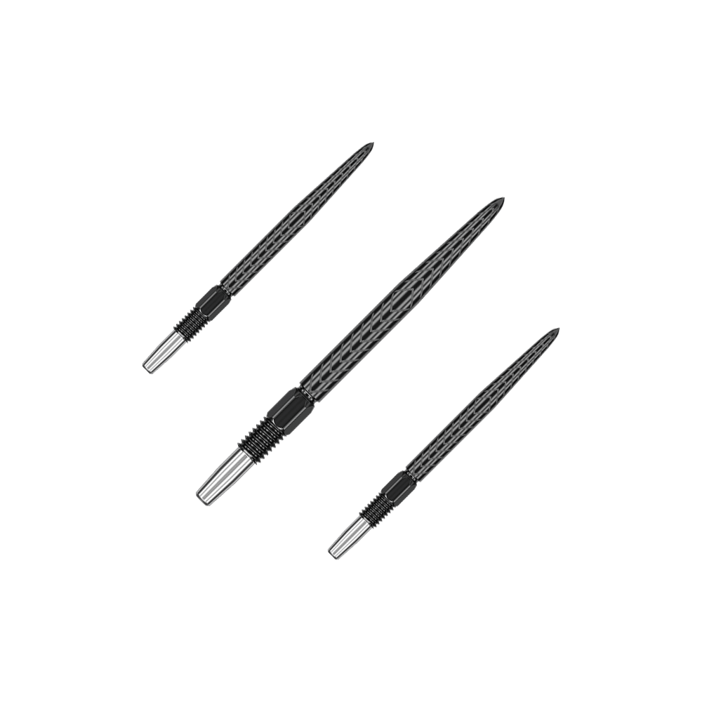 Target Swiss Point RVE dart tips - Black Das Bild zeigt drei schwarze Dartspitzen mit silbernem Schraubgewinde. Sie sind unterschiedlich ausgerichtet und liegen auf einem grünen Hintergrund.