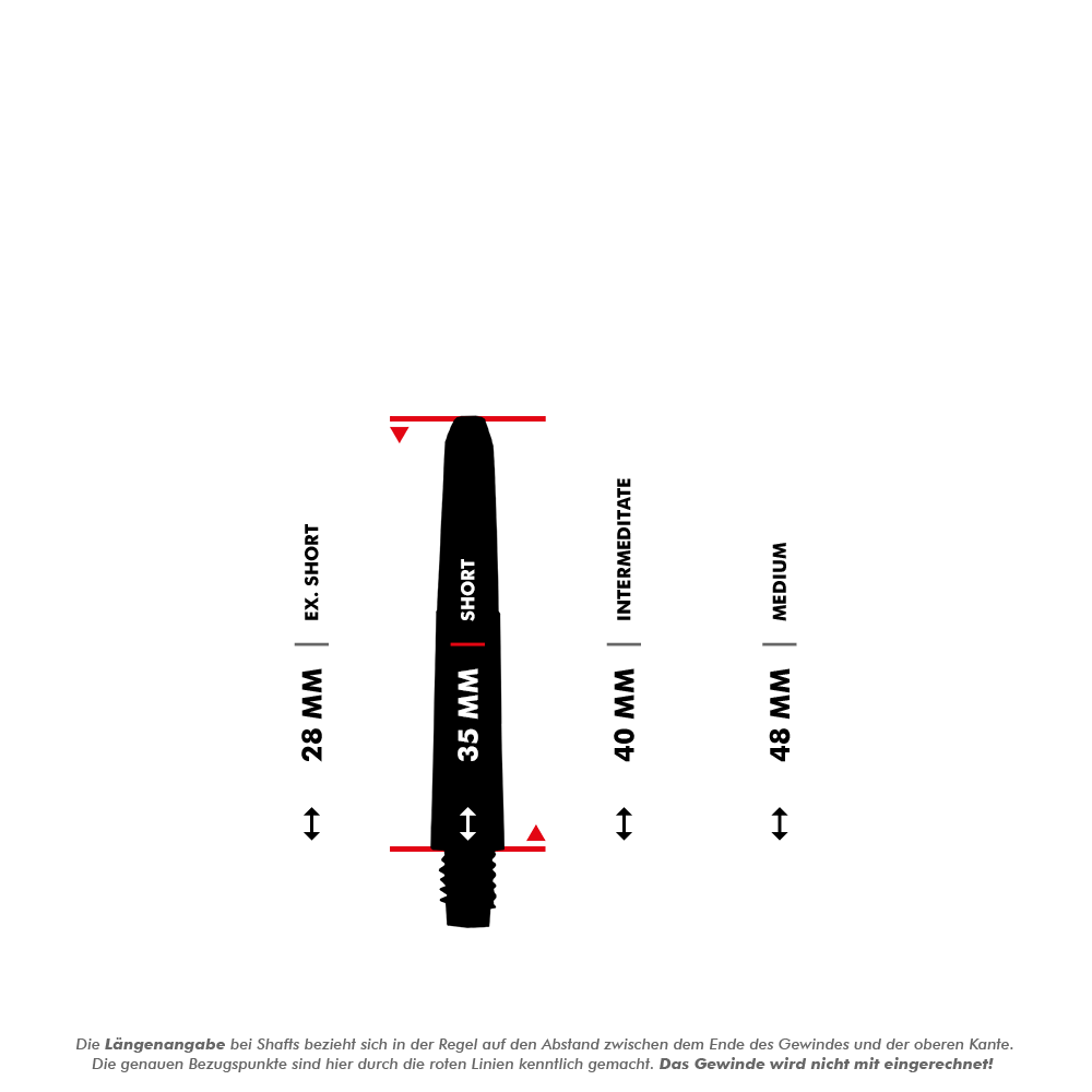 Das Bild zeigt verschiedene Längenoptionen für Nylon Shafts in der Farbe Naturweiß. Die Längenangaben sind 28 mm (Ex. Short), 35 mm (Short), 40 mm (Intermediate) und 48 mm (Medium), gemessen ohne das Gewinde.