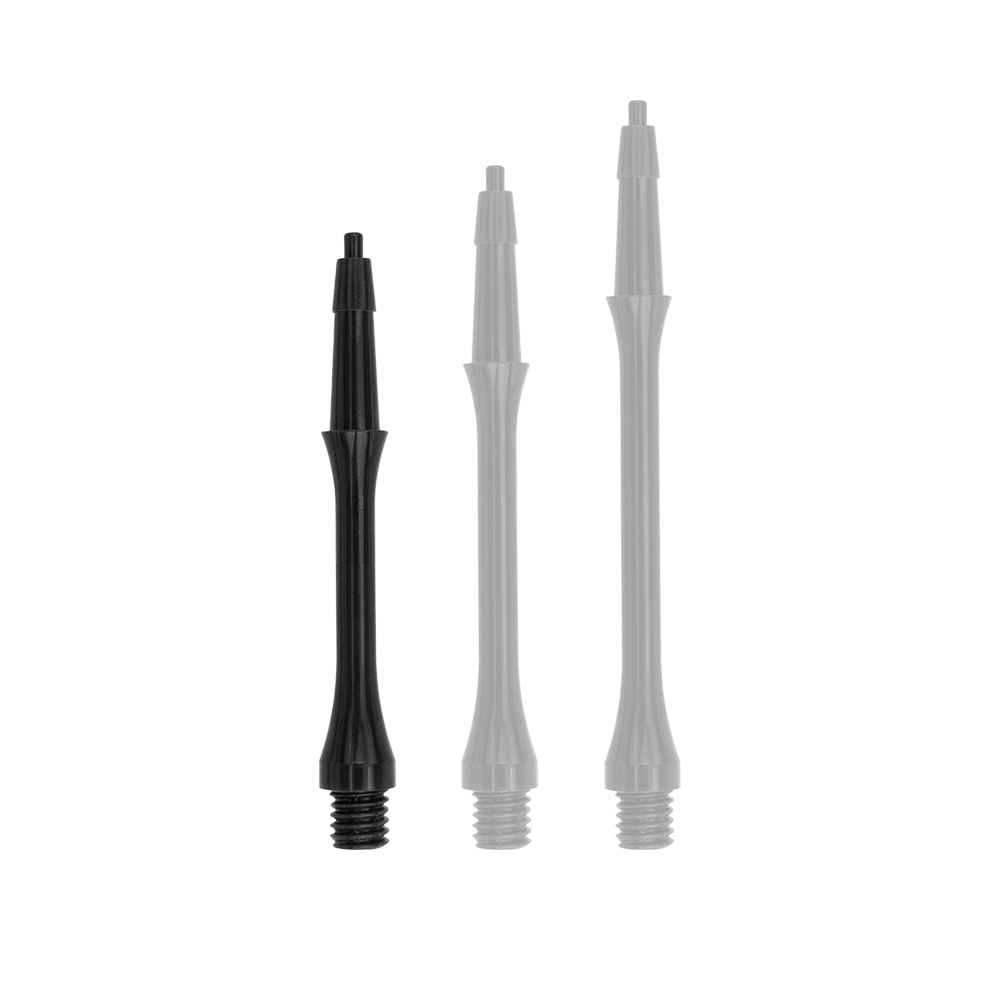 HRC-12602_Harrows_Clic_Slim_Shafts_Black_23mm_1 Das Bild zeigt drei schwarze Harrows Clic Slim Shafts für Dartpfeile. Sie sind in verschiedenen Längen angeordnet und haben ein schlankes Design.
