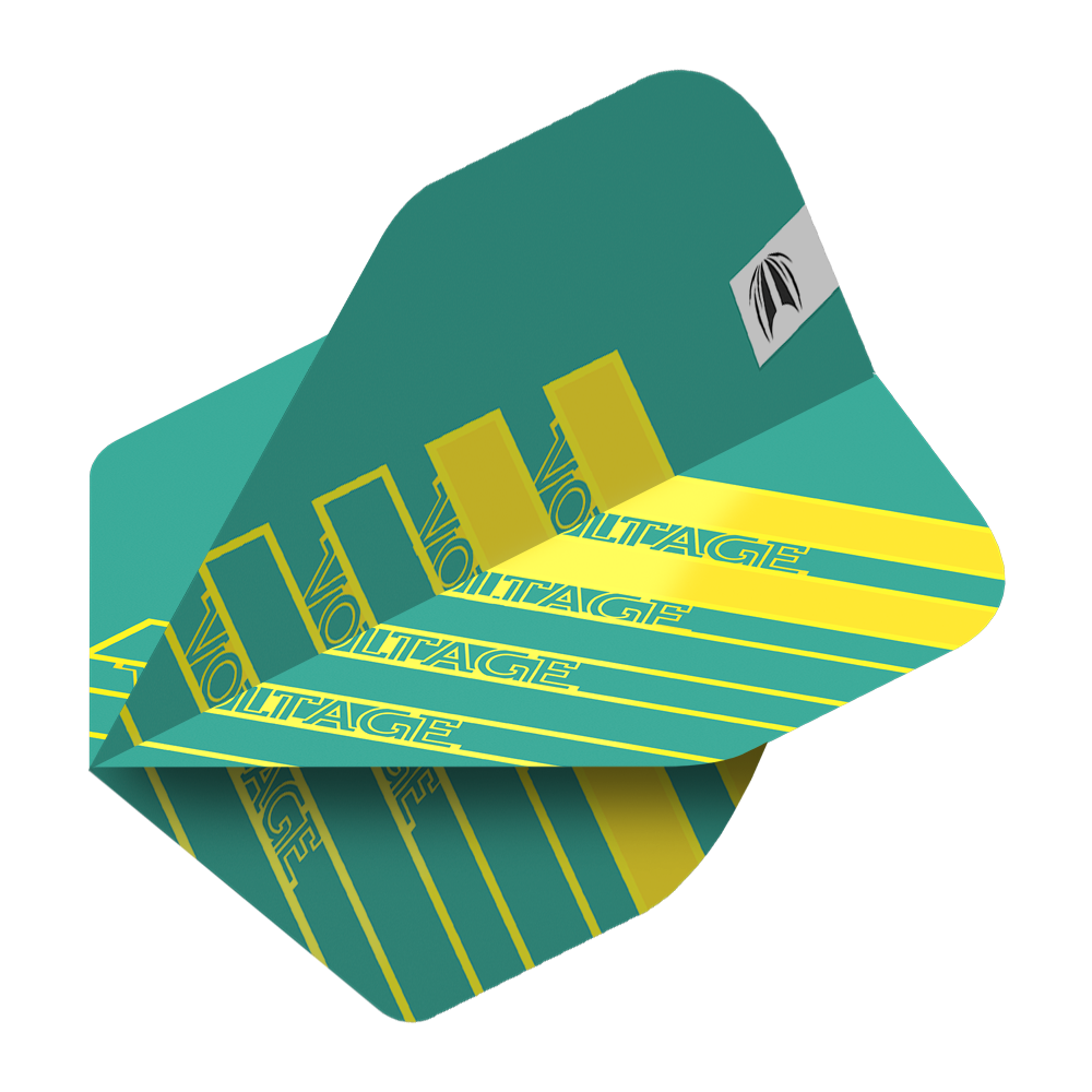 Target Pro Ultra Rob Cross Aqua No2 Standard Flights - 3 sets Das Bild zeigt ein Dart-Flight in Aqua-Farbe mit gelben Streifen und dem Schriftzug "VOLTAGE". Es handelt sich um das Produkt "Target Pro Ultra Rob Cross Aqua No2 Standard Flights - 3 Sets".