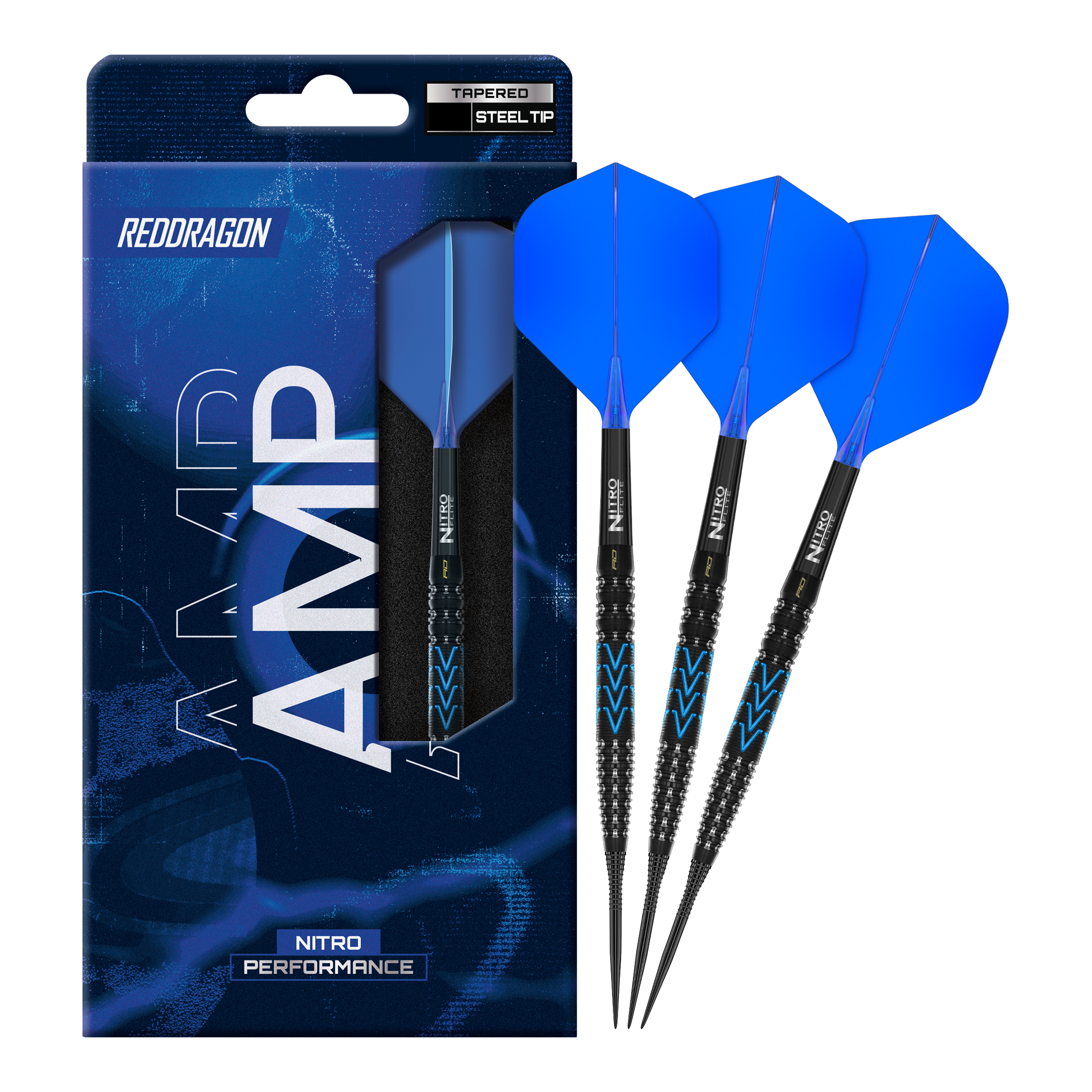 Dies ist ein Bild der Red Dragon Amp Tapered Steeldarts. Die Darts sind für professionelle Spieler entwickelt.