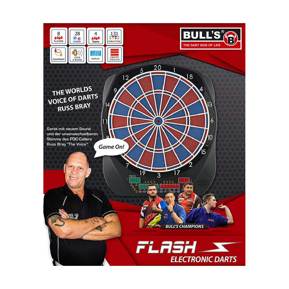 67974_Bulls_Flash_RB_Sound-Elektronik-Dartboard_2 Das Bild zeigt das elektronische Dartboard „Bulls Flash RB Sound Elektronik Dartboard“. Es ist mit den Stimmen von Russ Bray und neuen Soundeffekten ausgestattet und eignet sich für bis zu 8 Spieler.
