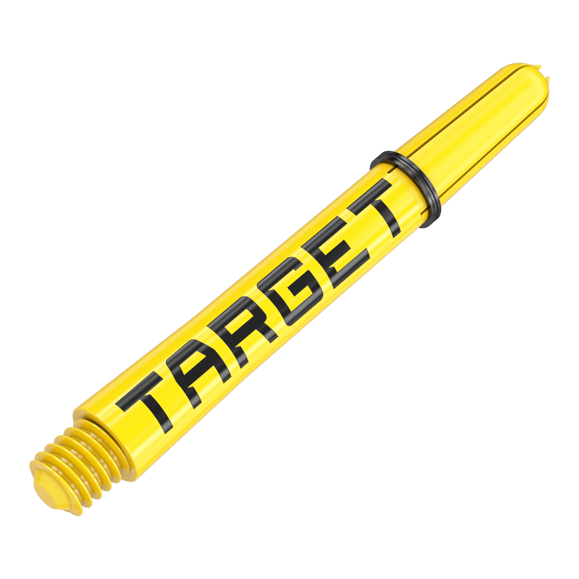 Target Pro Grip TAG Shafts - 3 Sets - Yellow Dies ist ein gelber Dart-Schaft mit dem Schriftzug "TARGET". Der Schaft hat ein schwarzes Gummiband und ein Schraubgewinde am Ende.
