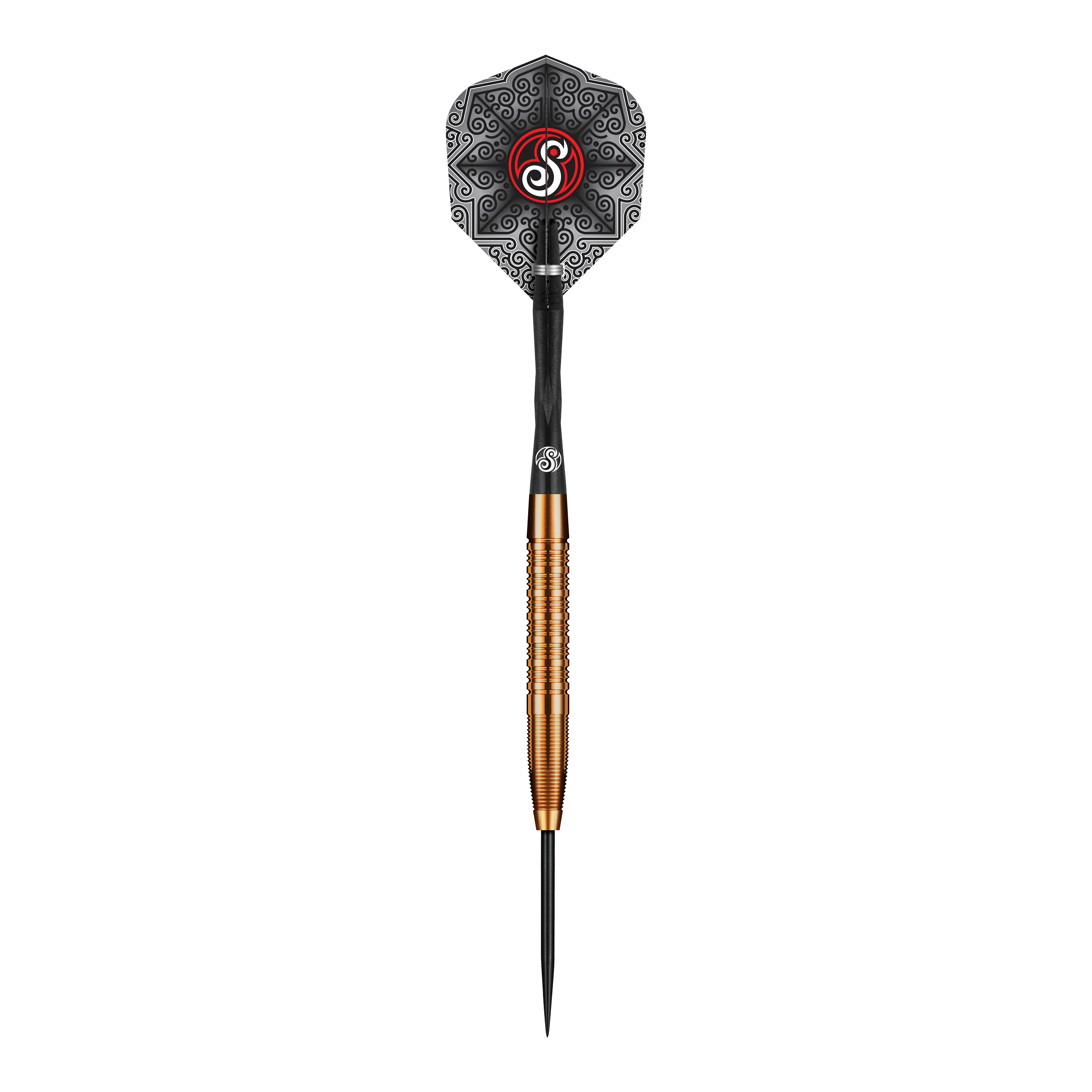 Shot Pro Series Jake Womack Steel Darts - 23g Das Bild zeigt den Shot Pro Series Jake Womack Steeldart mit einem Gewicht von 23 Gramm. Der Dart hat ein auffälliges schwarzes Flight-Design und einen goldfarbenen, gerillten Barrel.