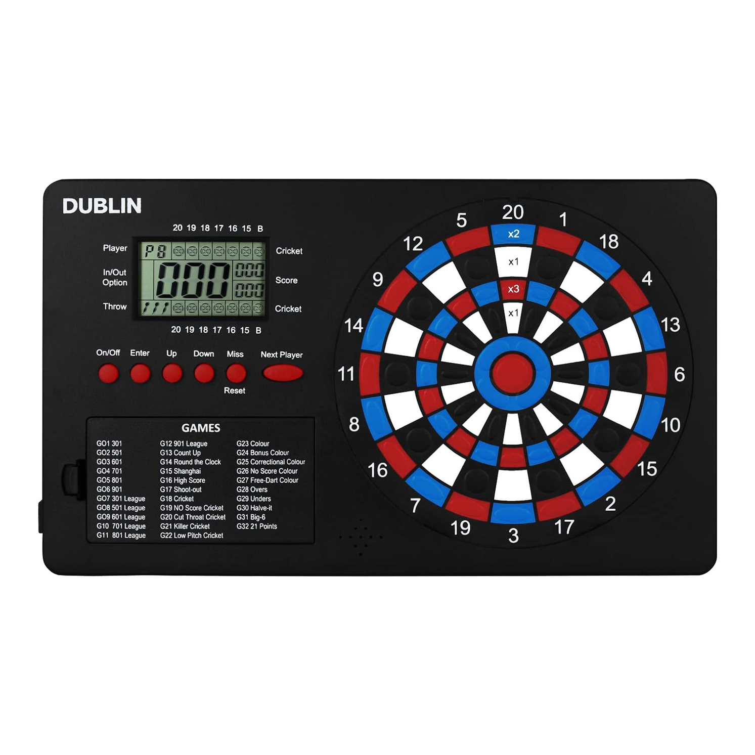 XQMax Dublin Dart Counter Das Bild zeigt den "XQMax Dublin Dart Counter", ein elektronisches Dartspiel mit eingebautem Punktezähler. Links befindet sich ein digitales Display und Tasten zur Spielsteuerung, rechts das bunte Dartboard mit verschiedenen Zahlenfeldern.