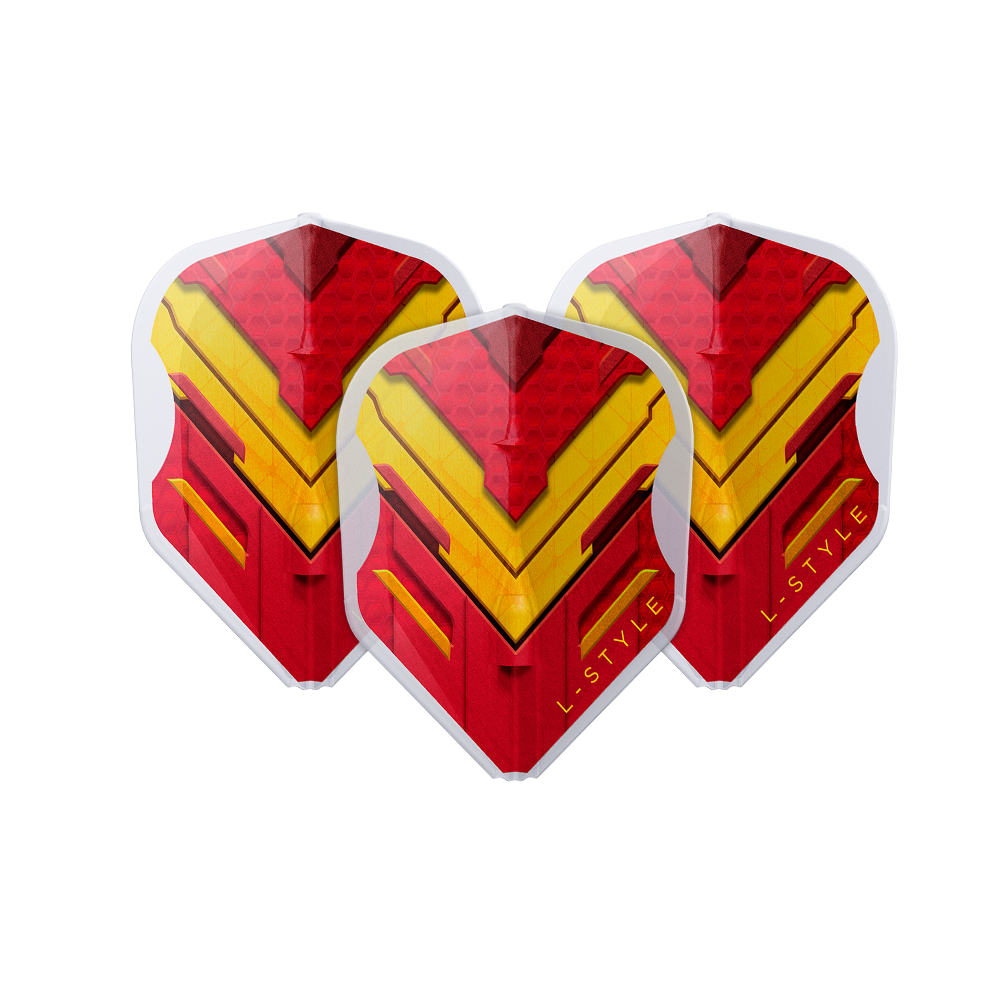 L-Style V-Series V1 Type A Spain Clear White L3EZ Flights Das Bild zeigt drei Dart-Flights mit einem auffälligen roten und gelben Muster. Auf den Flights steht in gelber Schrift "L-STYLE".