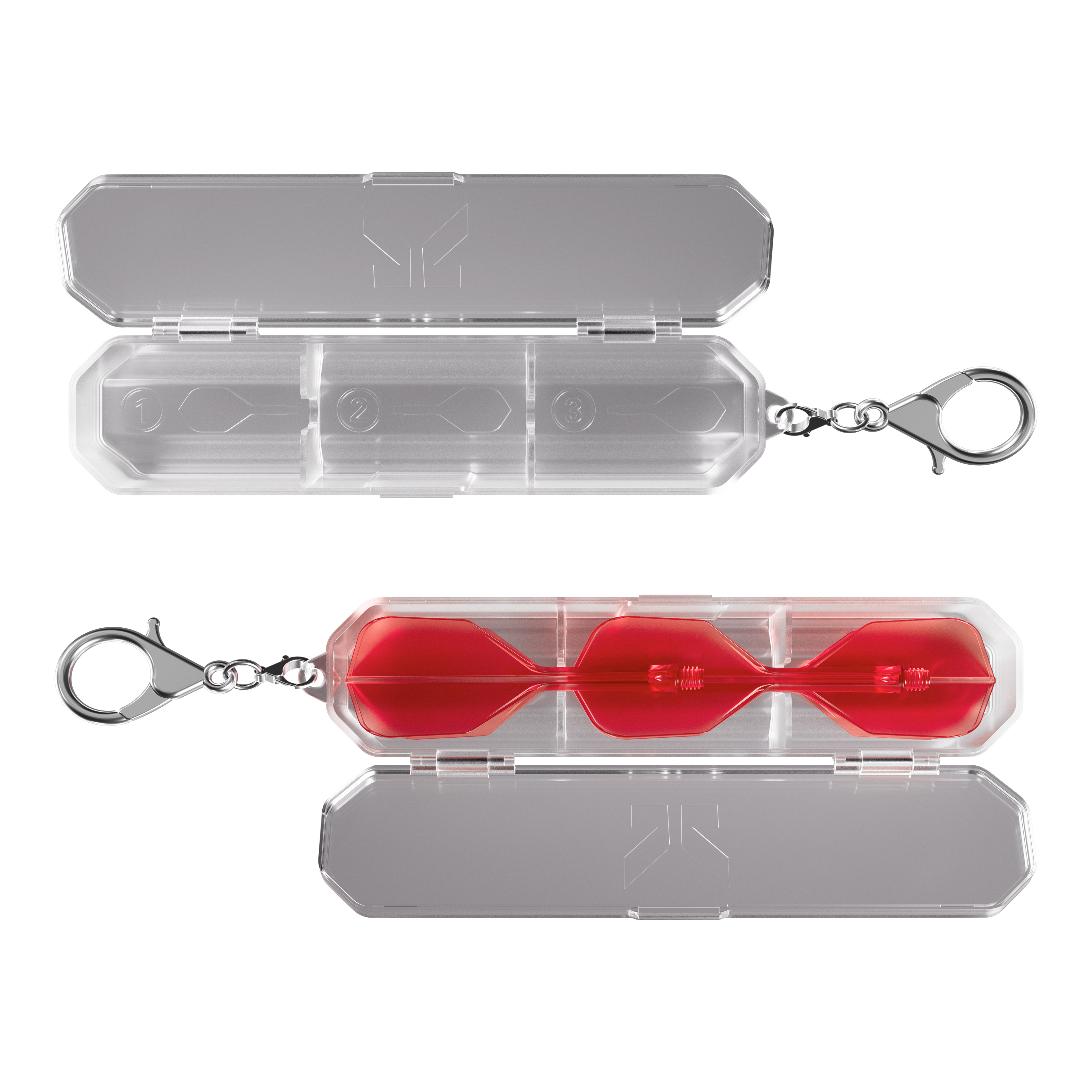 Target K-Flex K-Case Flight Box Das Bild zeigt das Produkt "Target K-Flex K-Case Flightbox", eine transparente Box mit Deckel und Karabinerhaken. In der unteren Box sind rote Dartflights sicher aufbewahrt.