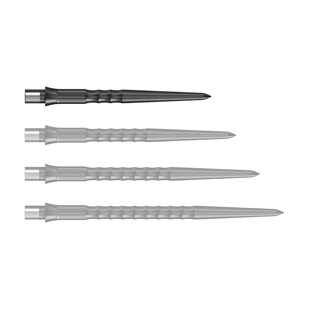 Caliburn System Steeldart Tips - Ripple - NoLip - Black Abgebildet ist eine schwarze Steeldartspitze mit Ripple NoLip Design, 28 mm lang. Das Produkt gehört zum Caliburn Evo System.