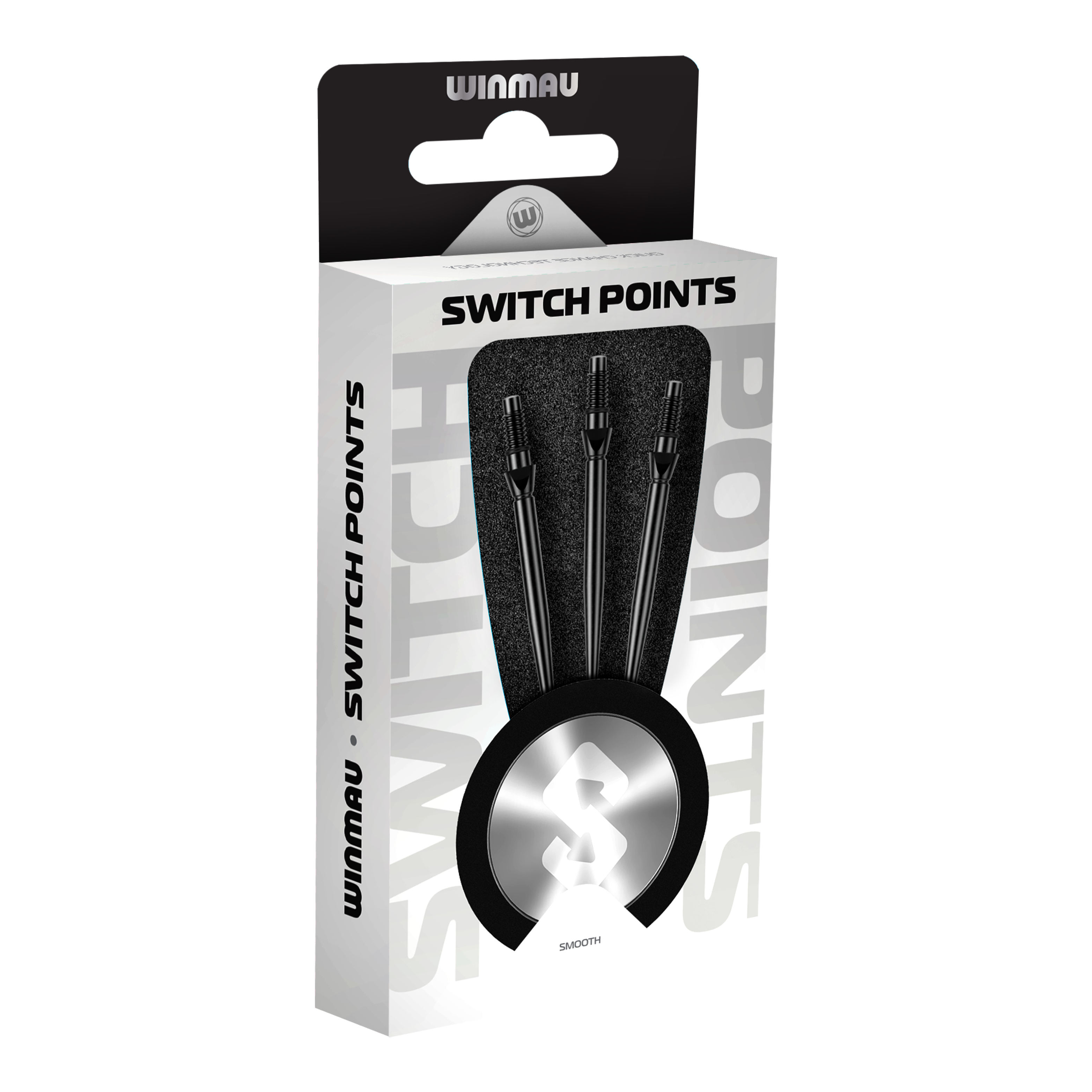 Hier sieht man die Winmau Switch Point Smooth Steeldartspitzen in Schwarz. Die Dartspitzen haben ein glattes Design und sind schwarz gefärbt.
