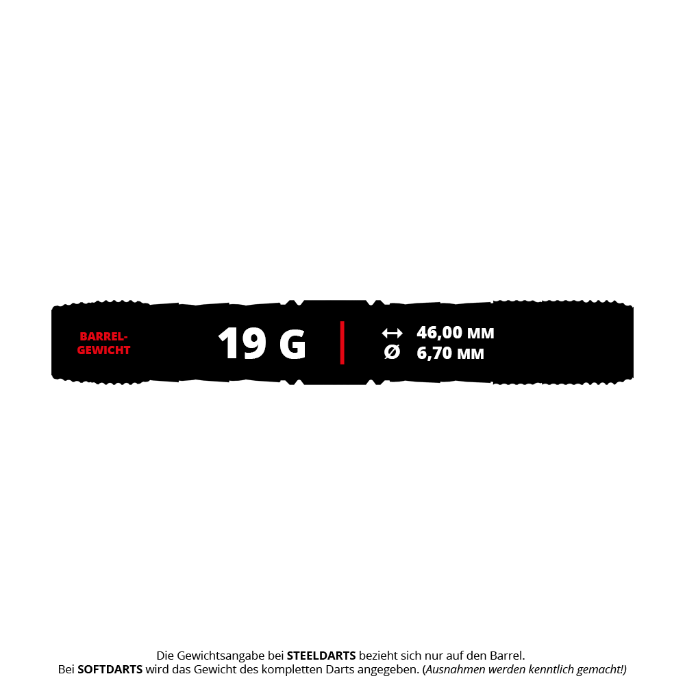 Das Bild zeigt die Produktdaten der "Target Japan Kaze Series Ceros 03 Softdarts - 19g". Der Dart wiegt 19 Gramm, ist 46,00 mm lang und hat einen Durchmesser von 6,70 mm.