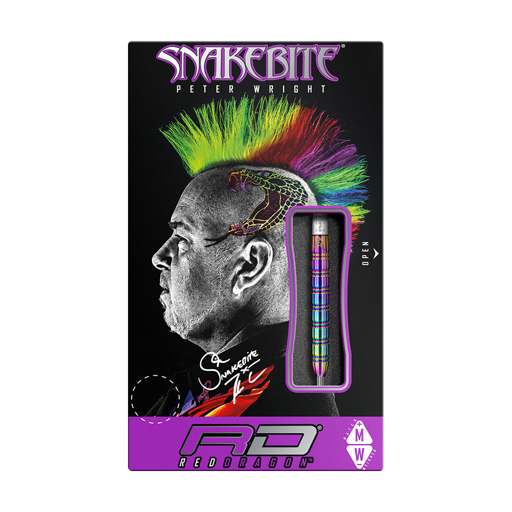 RD1478-RedDragon-Peter-Wright-Snakebite-1-Rainbow-Steeldarts-3DRlm2yi6BMpb8 Die Verpackung zeigt eine bunte Illustration eines Mannes mit Irokesenfrisur und einem Schlangentattoo. Im Sichtfenster sieht man einen Rainbow Steeldart der Marke Red Dragon, Modell Peter Wright Snakebite 1.