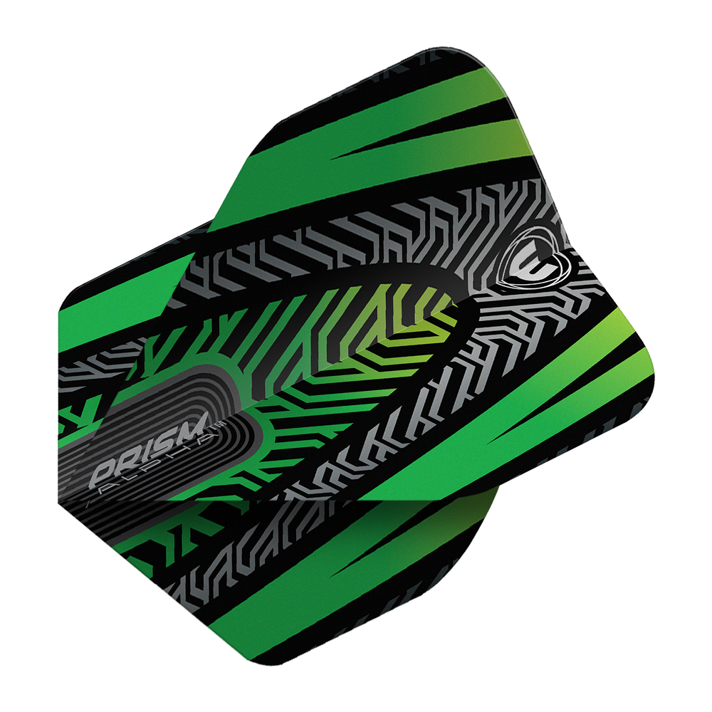 Winmau Prism Alpha Black Green No. 2 Standard Flights Dieses Bild zeigt ein Winmau Prism Alpha Schwarz Grün No2 Standard Dartflight. Das Flight hat ein modernes Muster in Schwarz, Grün und Grau.