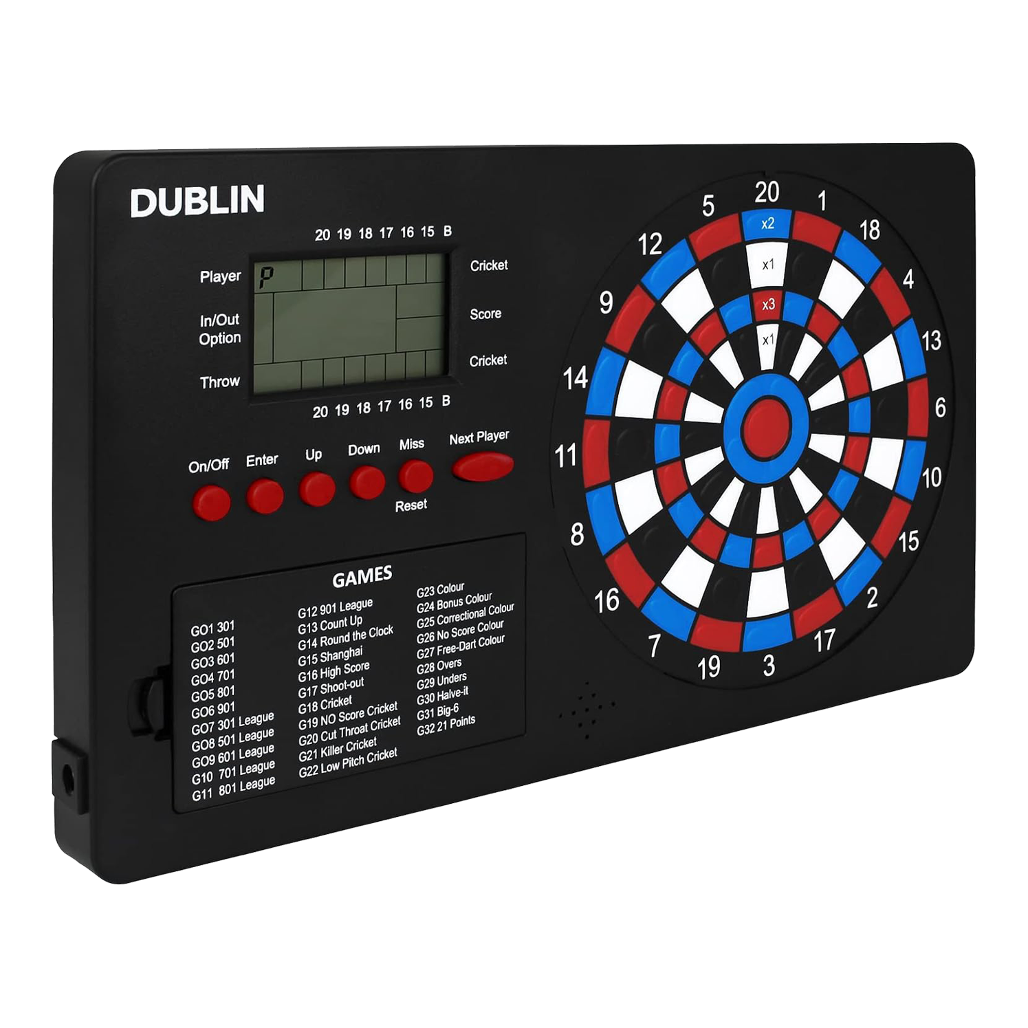 XQMax Dublin Dart Counter Das Bild zeigt den "XQMax Dublin Dart Counter", ein elektronisches Dartboard mit digitalem Display. Auf dem Gerät befinden sich zahlreiche Tasten zur Bedienung und eine Übersicht verschiedener Dartspiele.