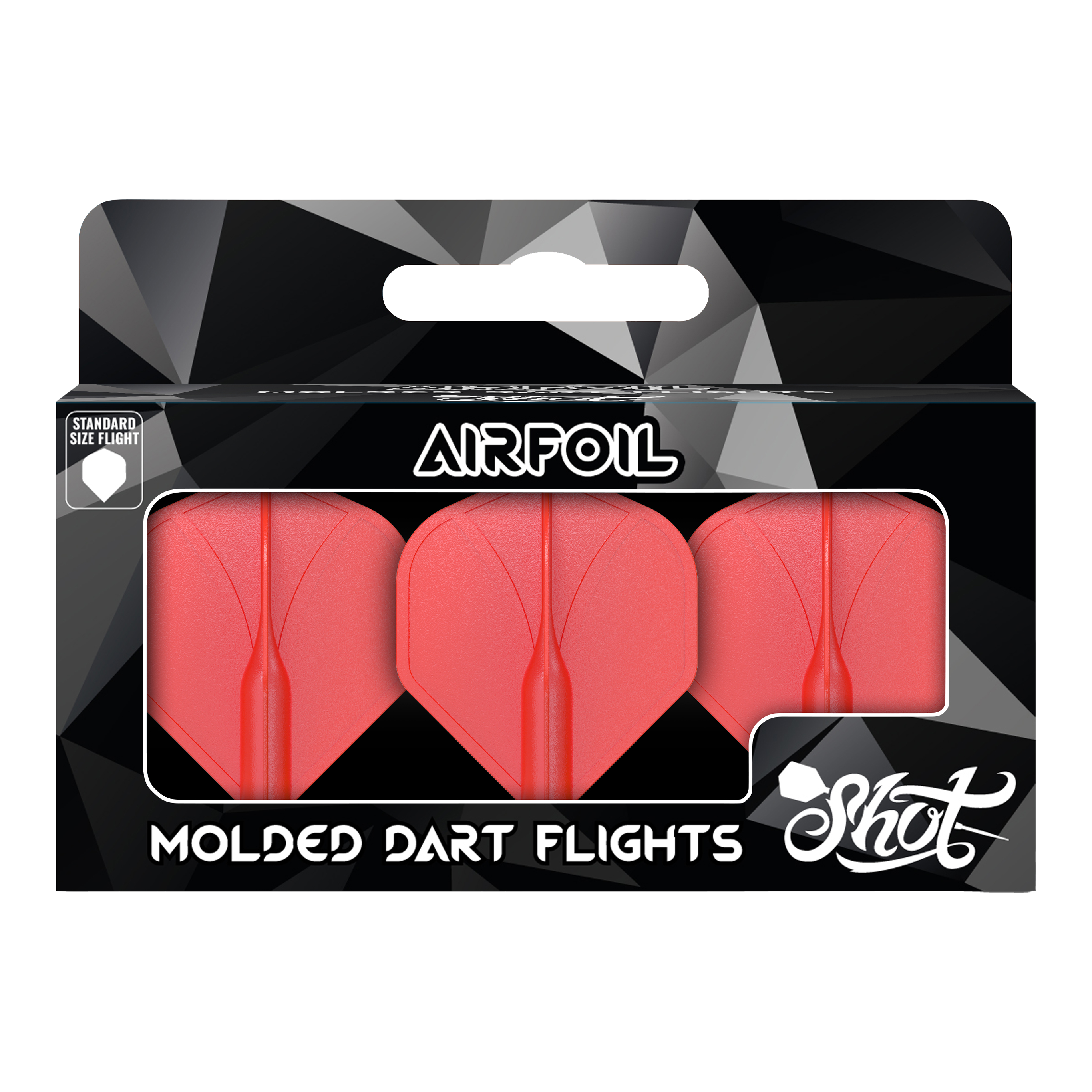 Die Verpackung zeigt drei rote, geformte Dart-Flights der Marke Shot. Auf der Vorderseite steht „Airfoil“, und unten ist „Molded Dart Flights“ zu lesen.