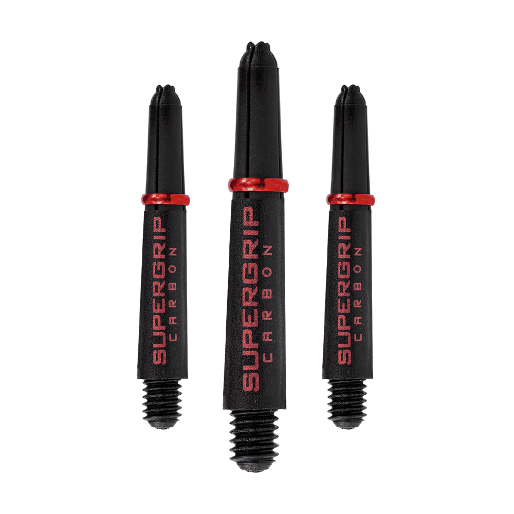 Das Bild zeigt drei schwarze Harrows Supergrip Carbon Shafts mit rotem Schriftzug und roten Ringen. Die Dartschäfte sind in verschiedenen Längen abgebildet.