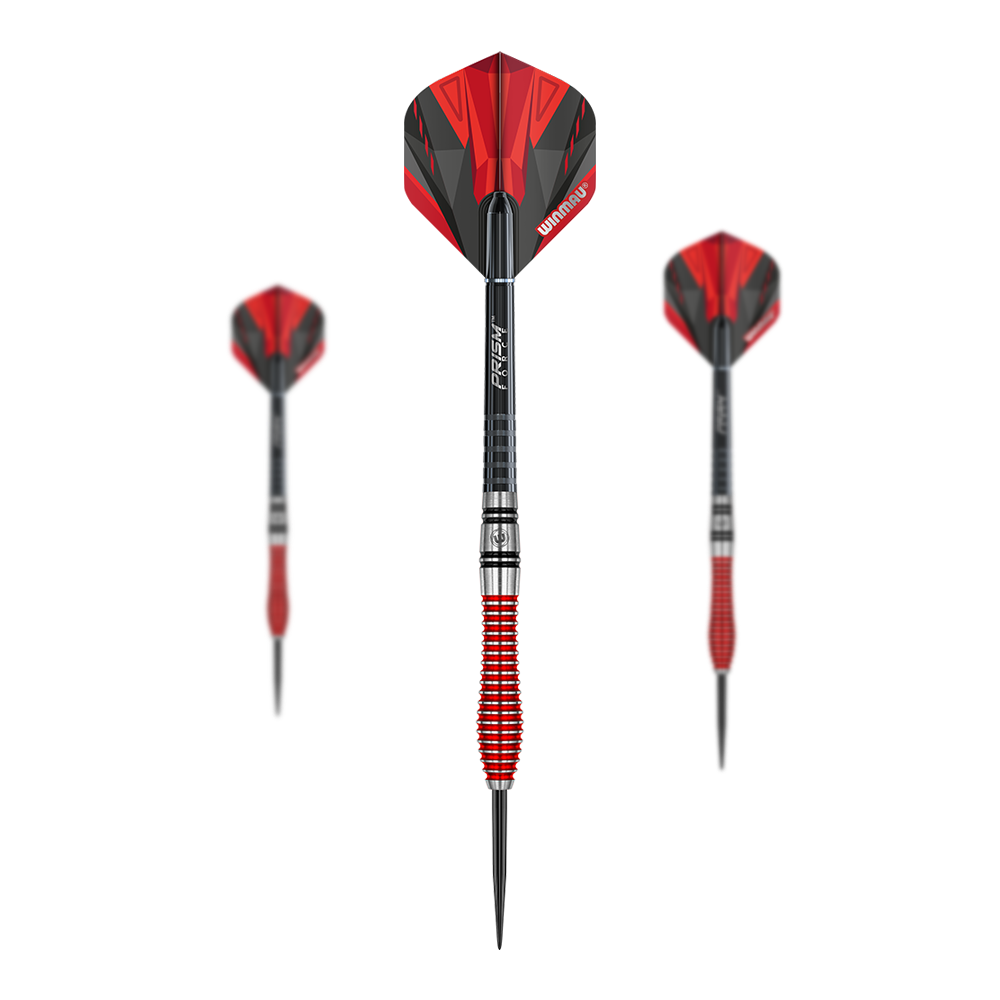 Winmau Dennis Priestley Special Edition Steeldarts Das Bild zeigt drei Winmau Dennis Priestley Special Edition Steeldarts. Die Darts haben ein auffälliges rot-schwarzes Design und besitzen eine griffige, rot-silberne Barrel.
