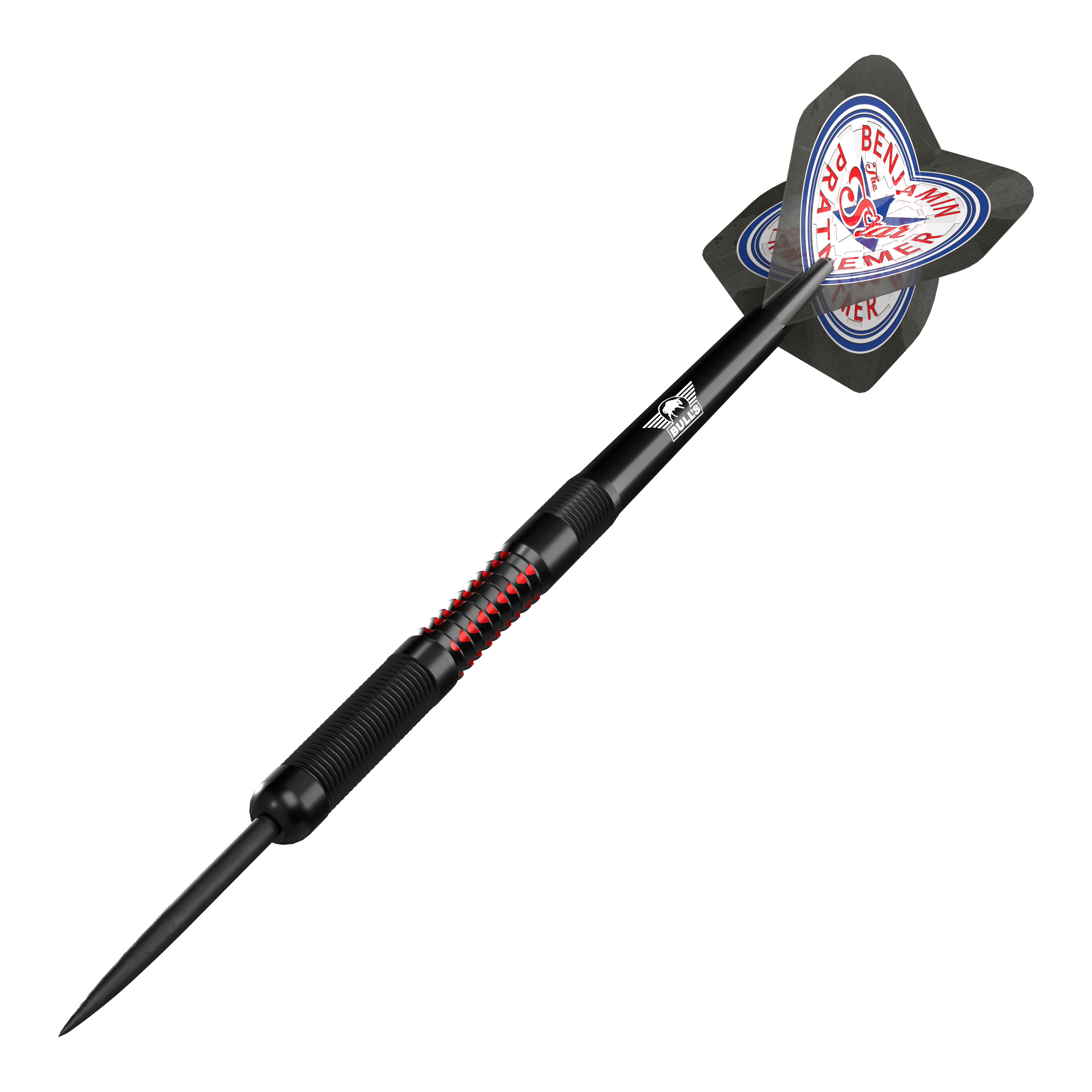 Bulls NL Benjamin Pratnemer steel darts - 20g Das Bild zeigt einen Steeldart der Marke "Bulls NL Benjamin Pratnemer" mit einem Gewicht von 20 Gramm. Der Dart ist schwarz mit roten Akzenten und hat einen Flight mit dem Namen "Benjamin Pratnemer" darauf.