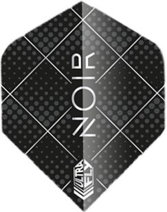 68789-Noir-Dot Das Bild zeigt ein Dart-Flügel-Design in Schwarz mit grauen Punkten und weißen diagonalen Linien. In der Mitte steht das Wort "NOIR" und unten ist das Logo "ULTRA FLY" zu sehen.