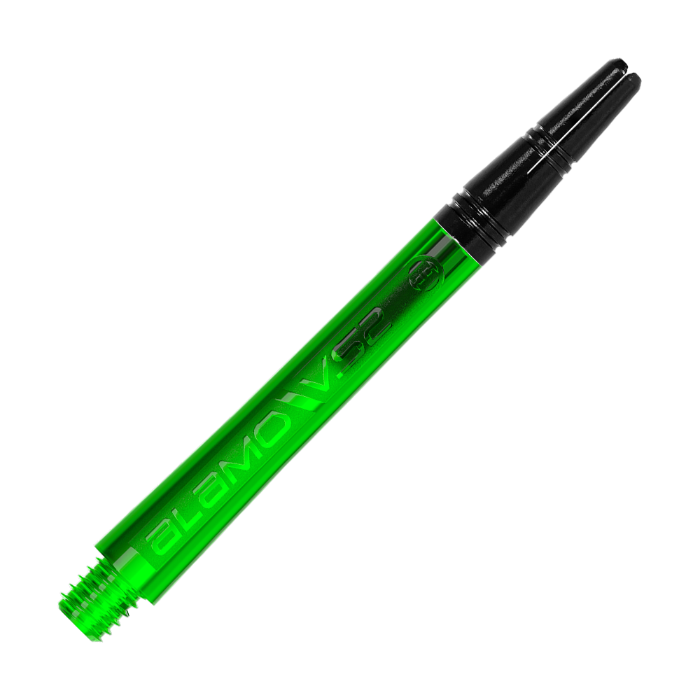 Harrows Alamo VS2 Shafts - Green Zwei Dart-Schäfte mit identischer Ausführung sind abgebildet. Die Aufnahme fokussiert auf das Schaftprofil.