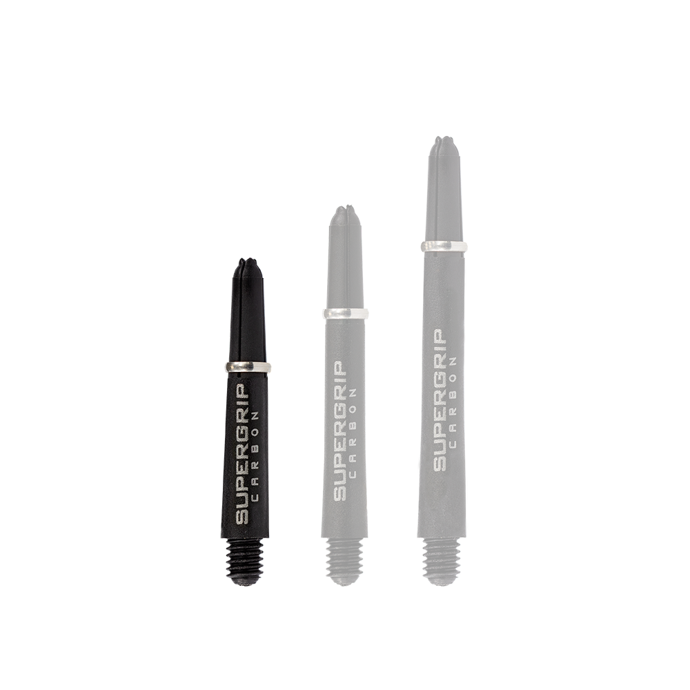 Das Bild zeigt drei schwarze Harrows Supergrip Carbon Shafts in unterschiedlicher Länge. Auf den Schäften steht in silberner Schrift "SUPERGRIP CARBON".