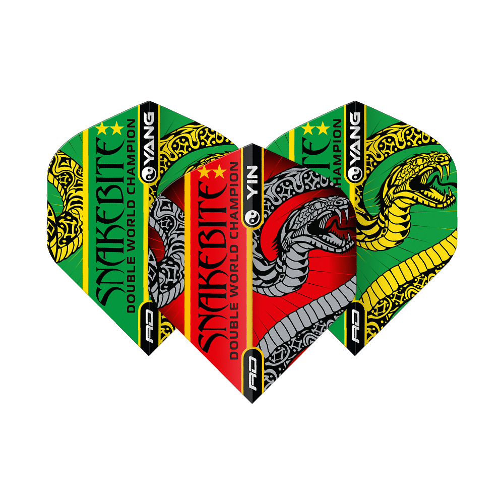 Das Bild zeigt drei Dartflights mit bunten Farben und auffälligem Schlangen-Design. Auf den Flights steht "Snakebite Double World Champion" und sie sind in Rot, Grün, Gelb und Schwarz gestaltet.