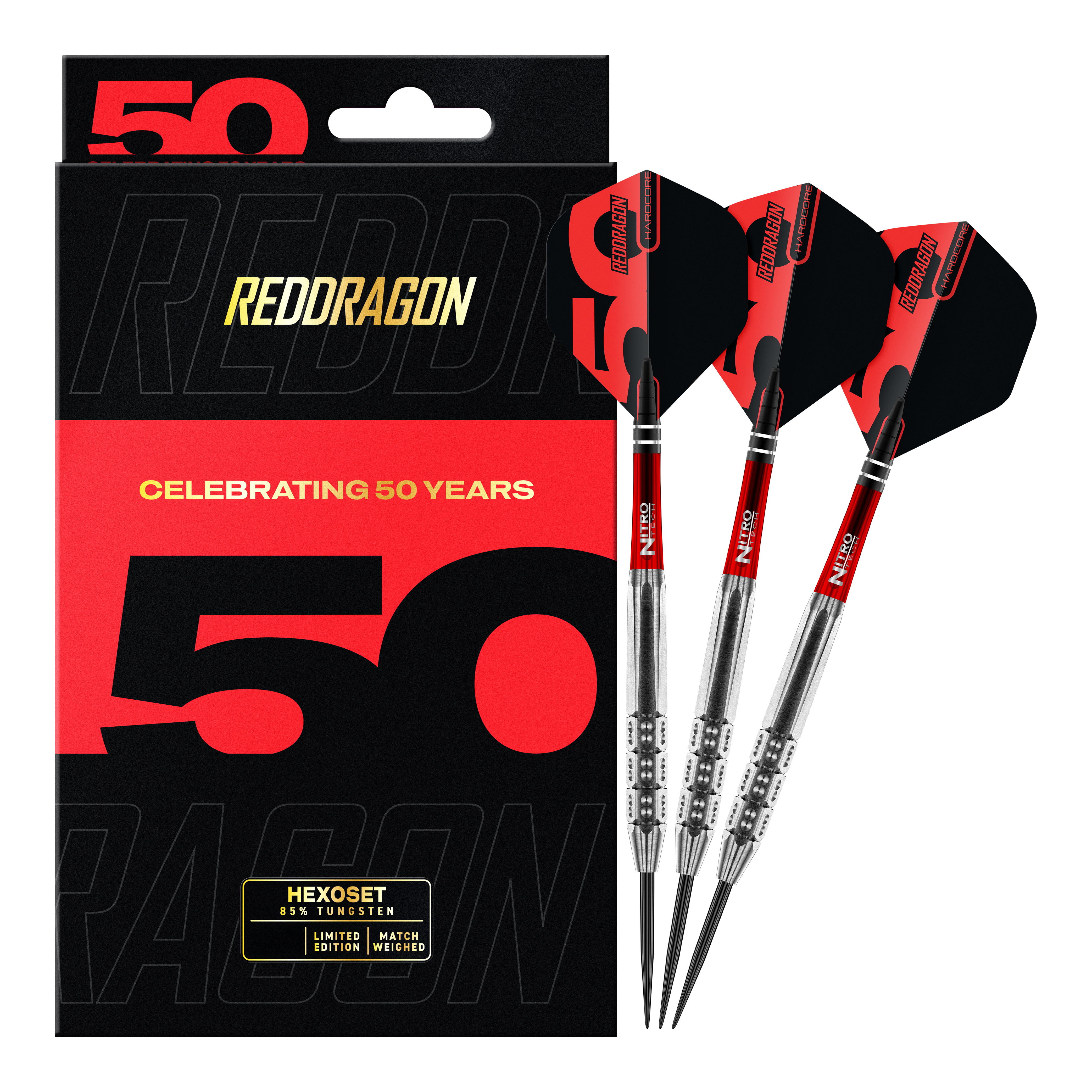 Hier sind die Red Dragon 50 Year Collection Hexoset 3 Steeldarts - 25g abgebildet. Es handelt sich um eine Sonderausgabe zum Jubiläum.