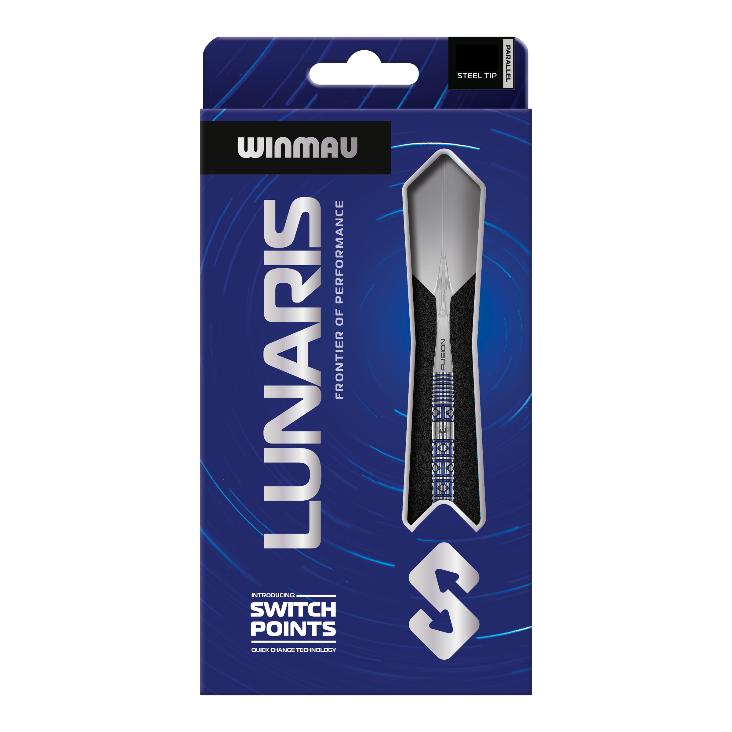 Das Bild zeigt die Winmau Lunaris Parallel Switch Point Steeldarts. Die Darts liegen nebeneinander und sind deutlich zu erkennen.