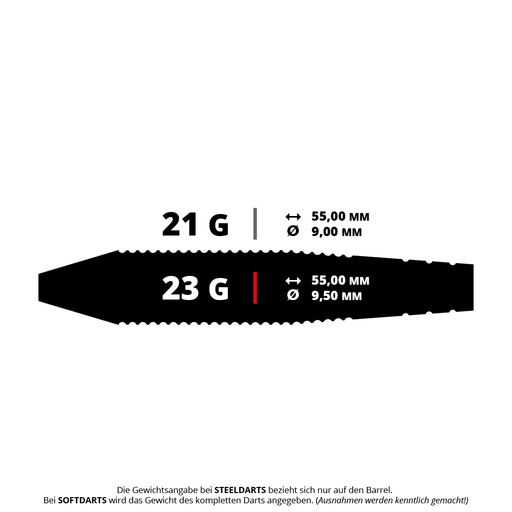 Bulls Martin Schindler The Wall Black Brass Steeldarts Das Bild zeigt zwei verschiedene Dartgewichte: 21 g und 23 g. Die Länge beträgt jeweils 55,00 mm, der Durchmesser ist 9,00 mm bzw. 9,50 mm.