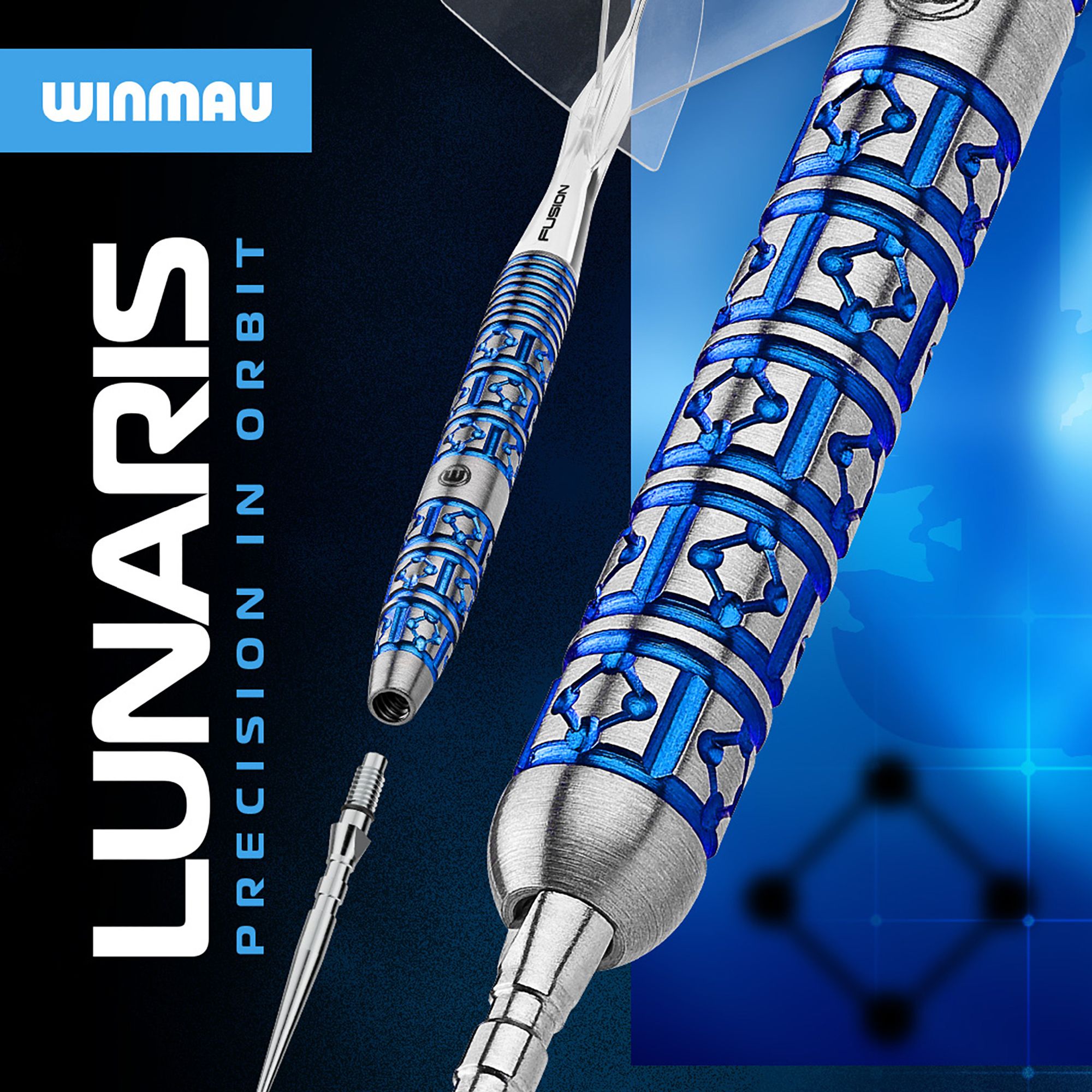 Das Bild zeigt die Winmau Lunaris Parallel Switch Point Steeldarts. Diese Darts überzeugen mit einem modernen Design.