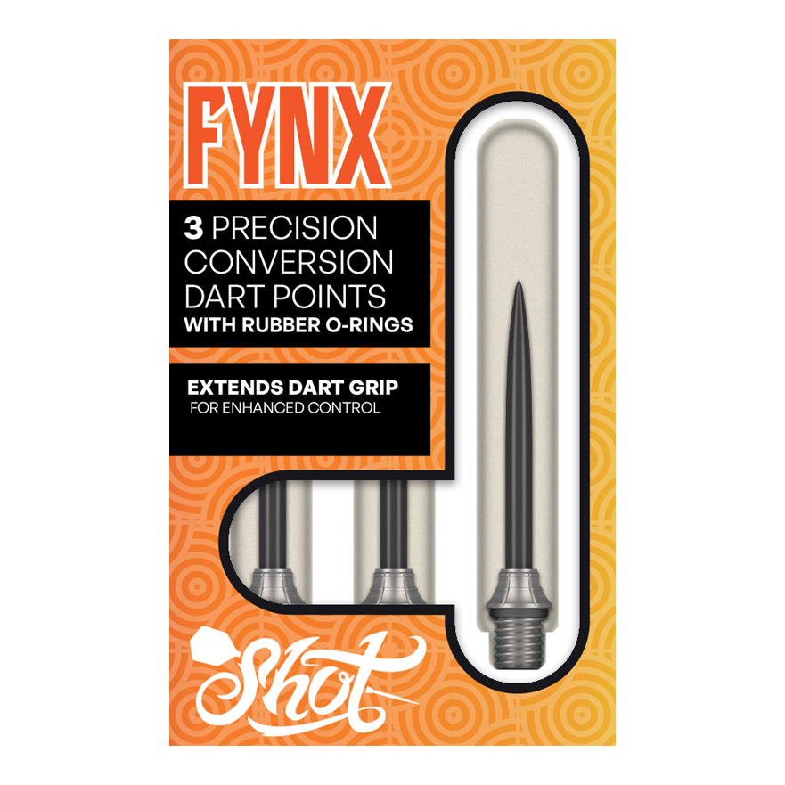 Das Foto zeigt die Shot Fynx Conversion Points, 32 mm lang. Diese Dartspitzen ermöglichen ein einfaches Umwechseln der Pointen.