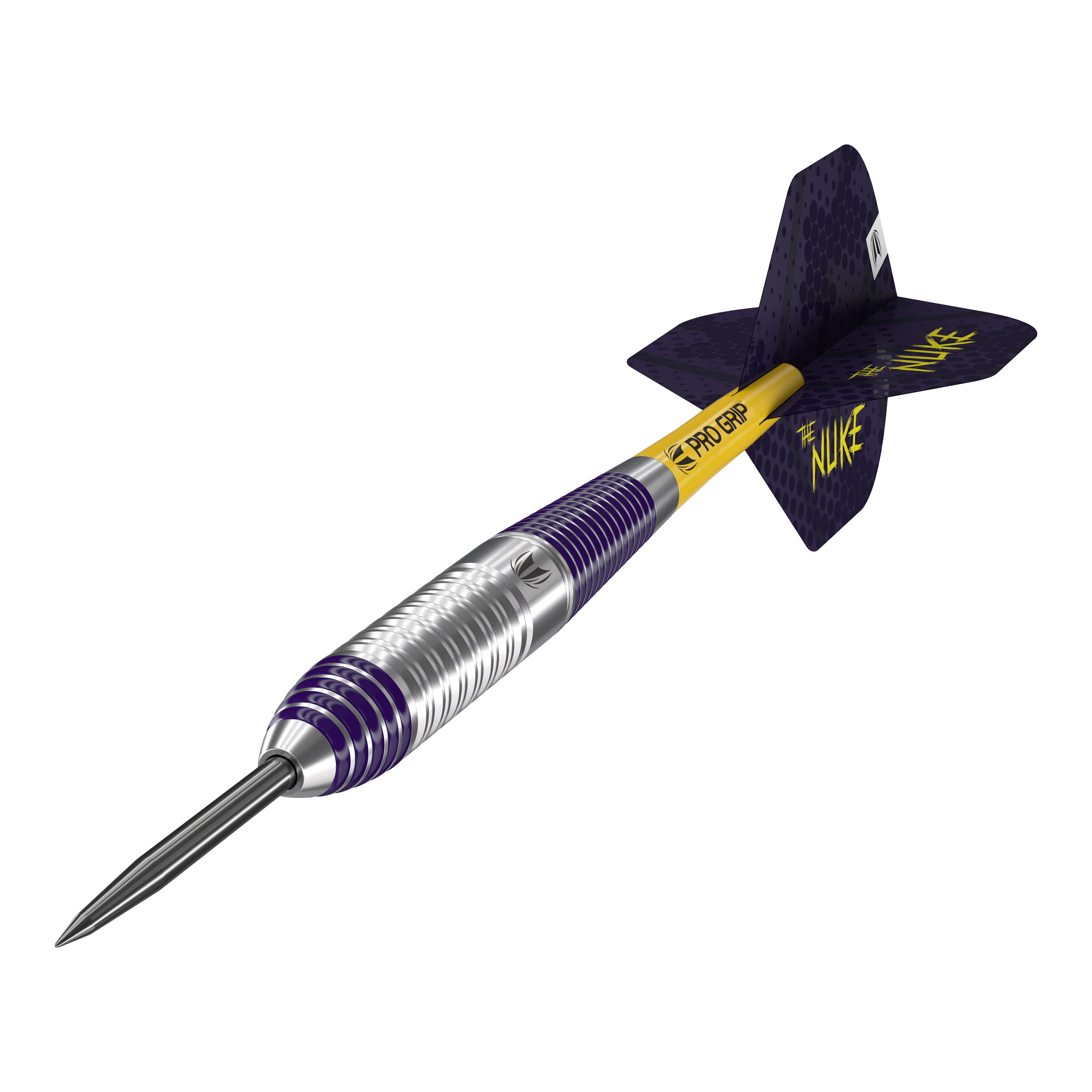 Target Luke Littler Brass Steel Darts - 22g Das Bild zeigt einen Target Luke Littler Brass Steeldart mit einem Gewicht von 22g. Der Dartpfeil hat ein silber-violettes Barrel, einen gelben Schaft mit der Aufschrift "PRO GRIP" und violette Flights mit der Aufschrift "THE NUKE".