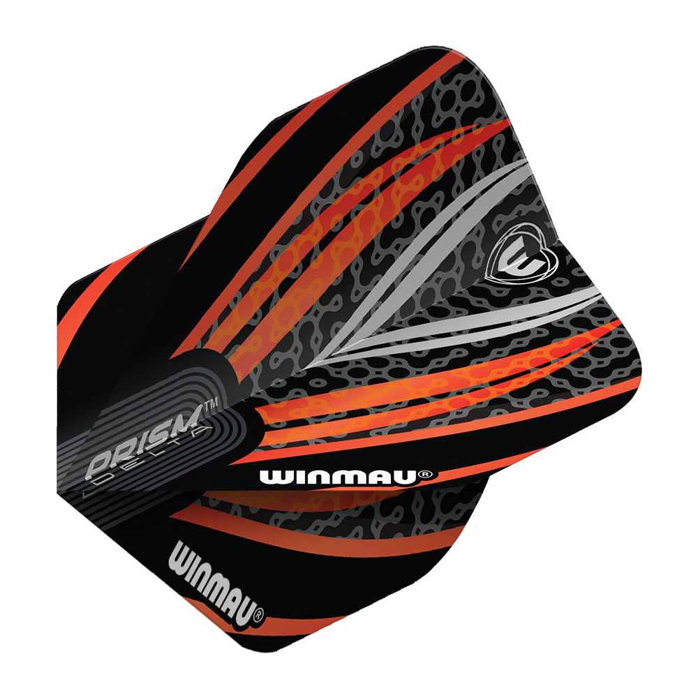 Winmau Prism Delta Black White Orange No. 2 Standard Flights Das Bild zeigt ein Winmau Prism Delta Flight in den Farben Schwarz, Weiß und Orange. Das Flight hat ein modernes, auffälliges Muster mit dem Winmau-Logo und Schriftzug.