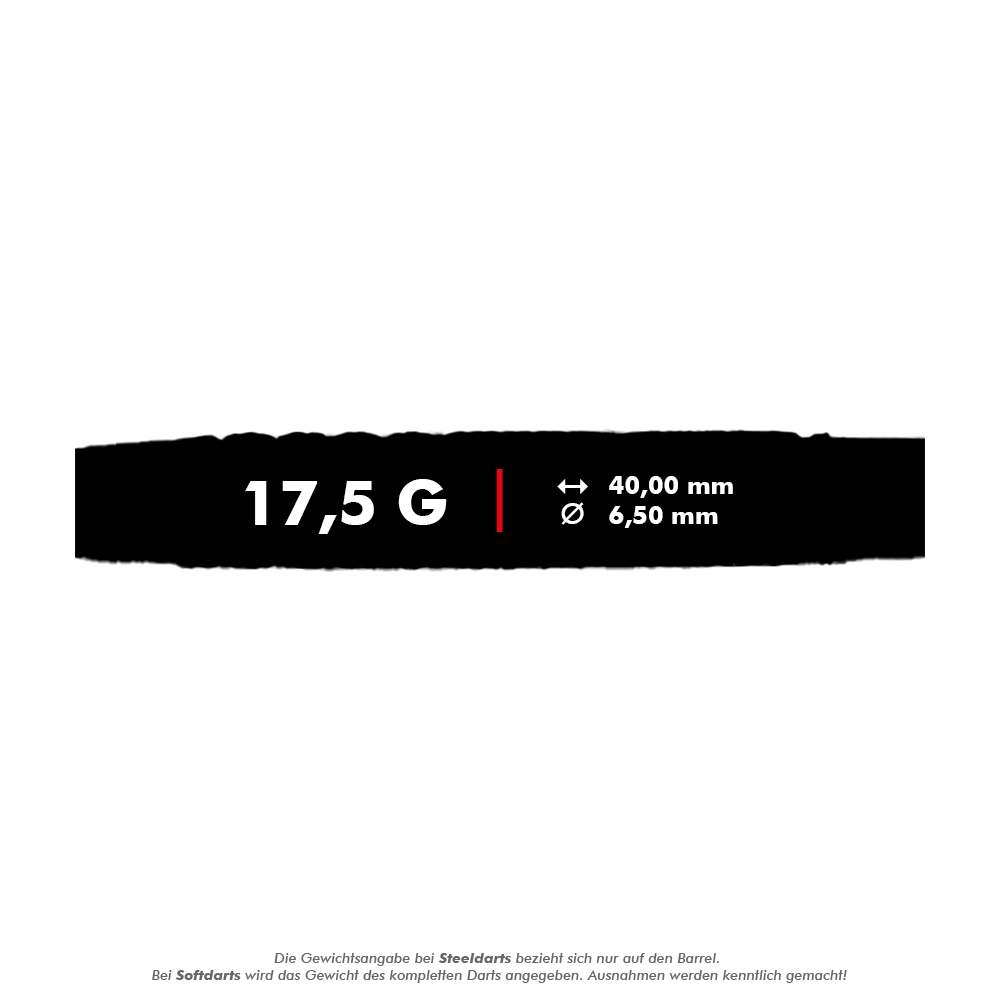 McDart 85 Tungsten V10 Soft Darts - 17.5g Das Bild zeigt die technischen Daten des Produkts „McDart 85er Tungsten V10 Softdarts - 17,5g“. Der Dart wiegt 17,5 Gramm, ist 40,00 mm lang und hat einen Durchmesser von 6,50 mm.