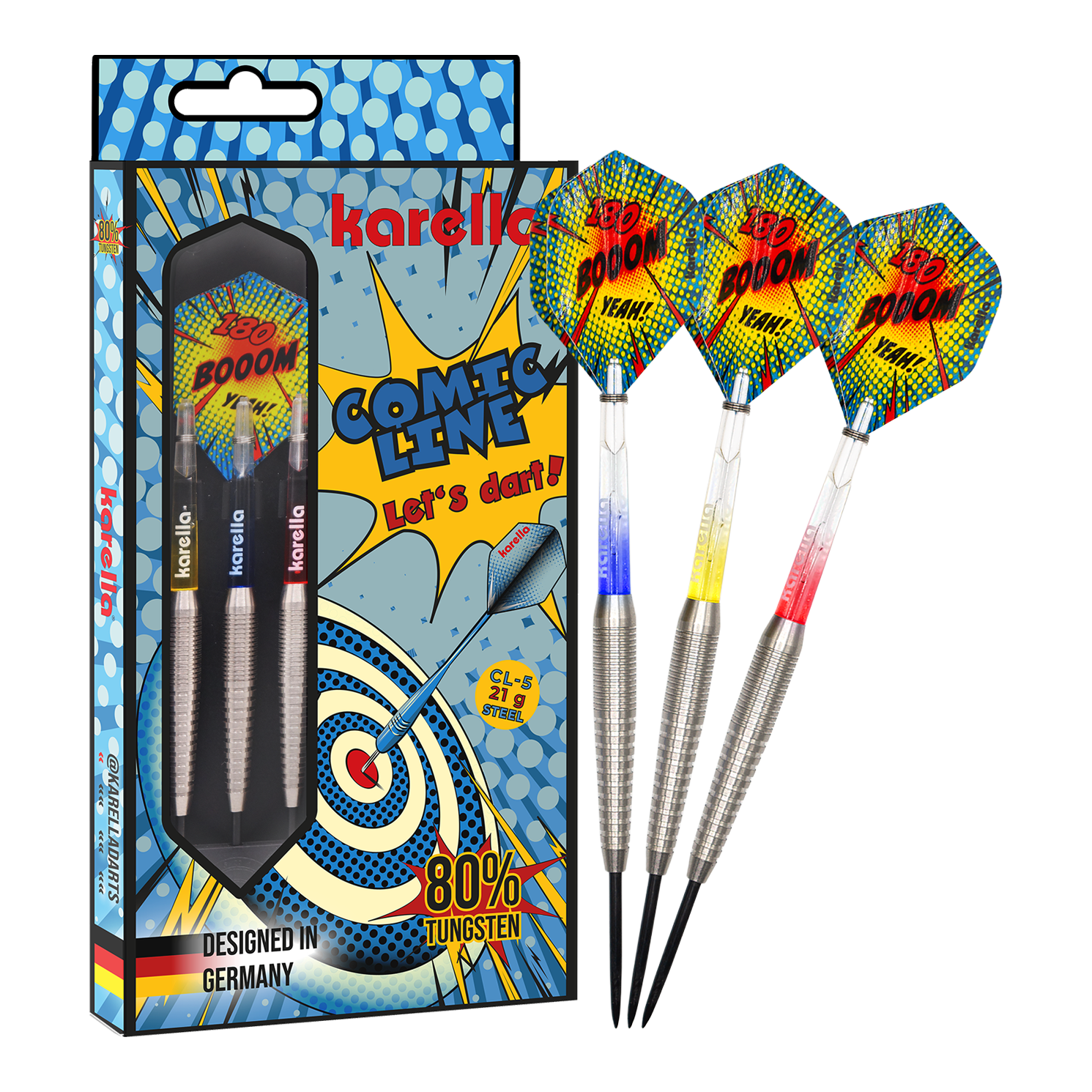 Das Bild zeigt die Karella Comic Line CL-5 Steeldarts - 21g. Es handelt sich um ein Set moderner Steeldarts mit auffälligem Design.