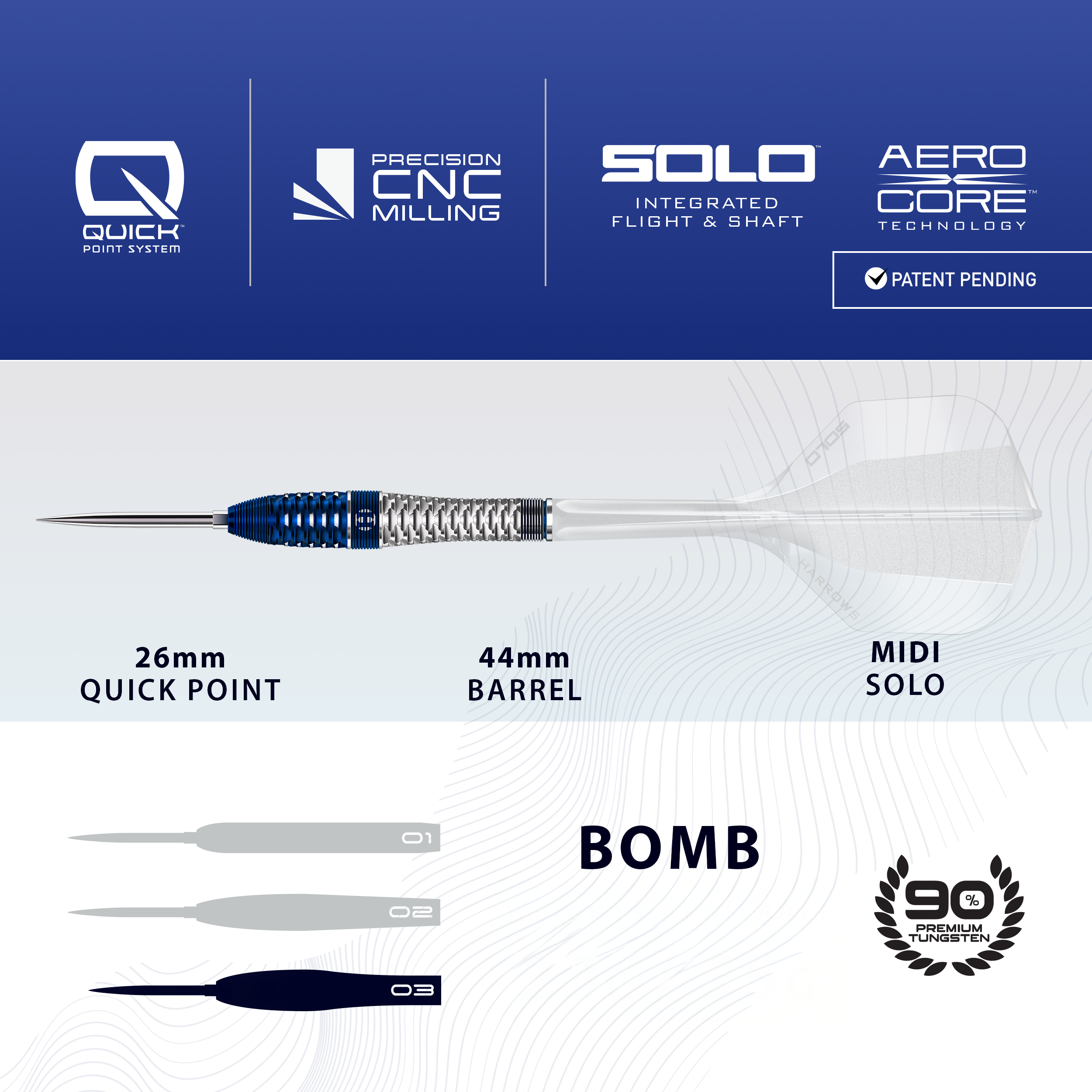 Harrows GEO Bomb Quick Point Steel Darts Harrows GEO Bomb Quick Point Steeldarts werden dargestellt. Das Bild zeigt Design und Details dieses Dartprodukts.