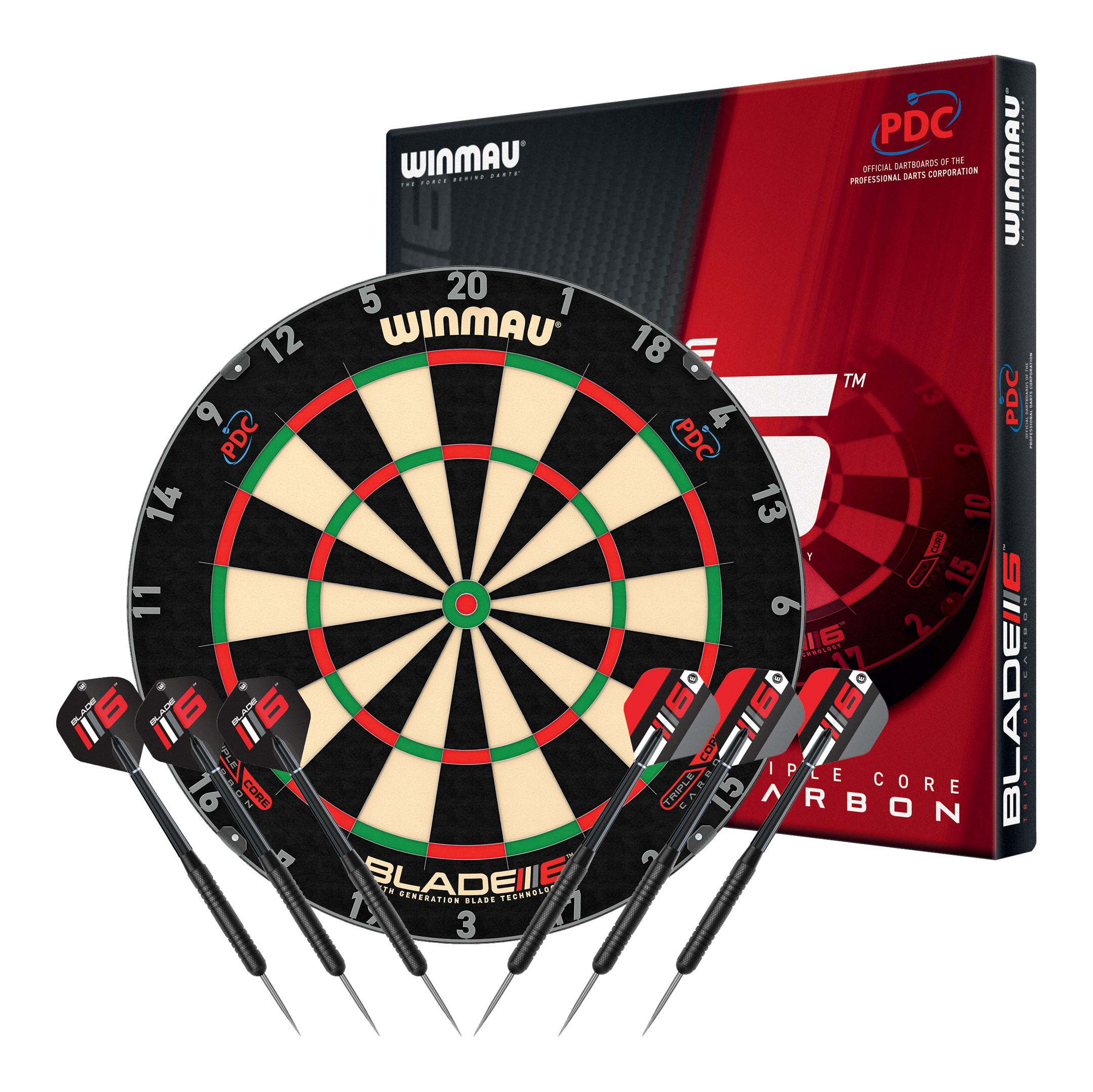 Winmau Blade 6 Triple Core Set with 2 sets of darts Das Bild zeigt das Produkt "810008_Winmau_Blade6_TripleCore_Starter_Bundle_1". Es ist ein Starter-Set für Dartspieler.
