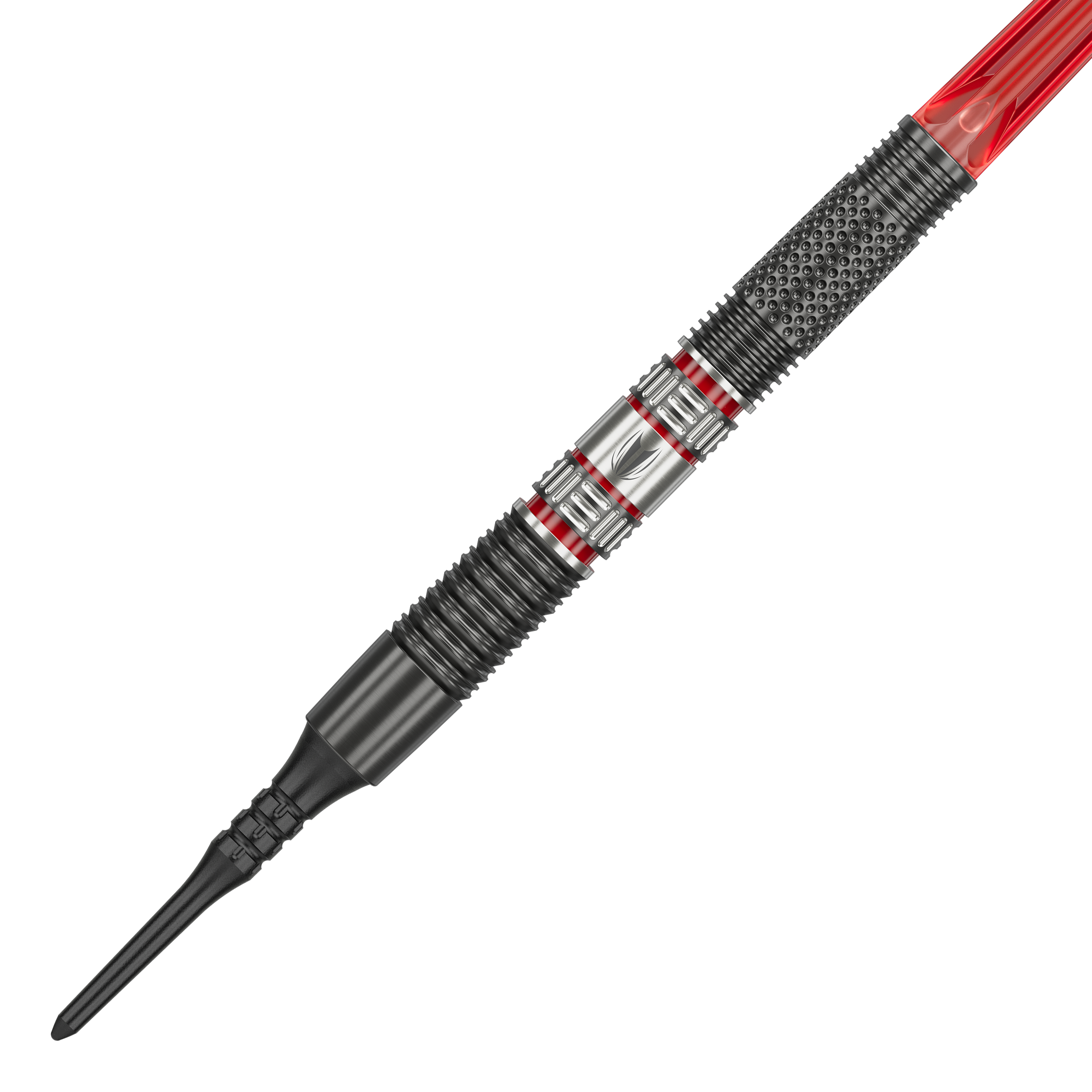 Target Gabriel Clemens 95K soft darts - 19g Das Bild zeigt einen Target Gabriel Clemens 95K Softdart mit einem Gewicht von 19 Gramm. Der Dart hat ein auffälliges Design mit silbernen, schwarzen und roten Elementen.