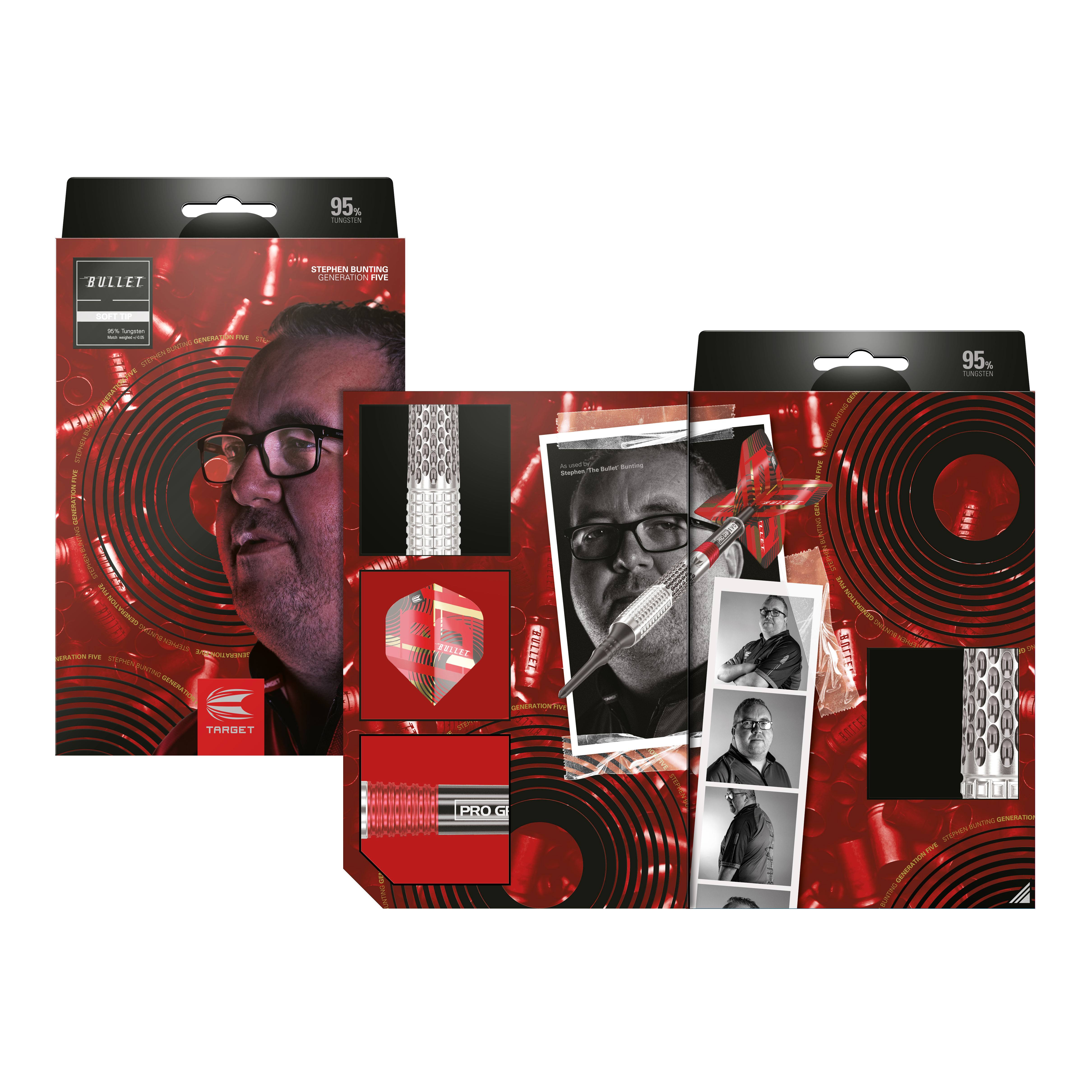 Target Stephen Bunting GEN5 Soft Darts - 18g Auf dem Bild ist die Verpackung der "Target Stephen Bunting GEN5 Softdarts - 18g" zu sehen. Die Verpackung zeigt ein Porträt von Stephen Bunting und mehrere Produktdetails vor einem roten, auffälligen Hintergrund.