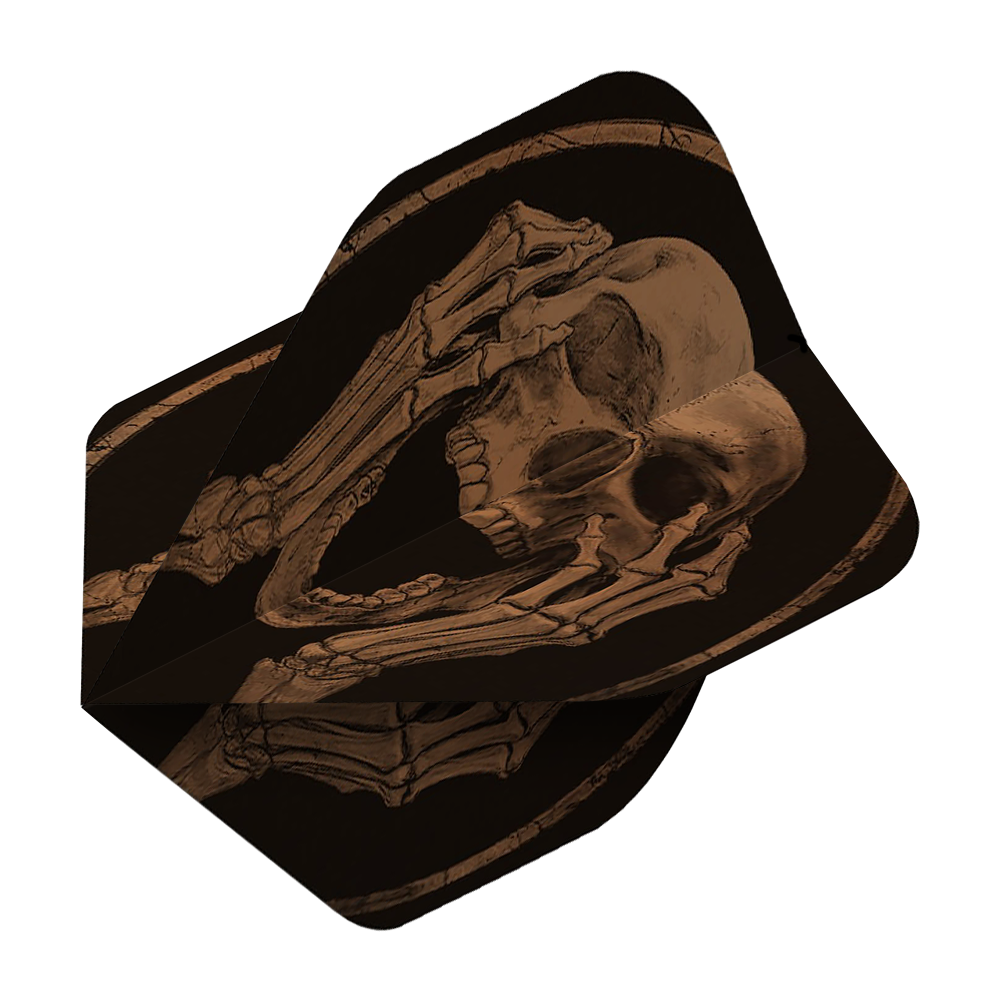 ALC19_Alchemy_The_Scream_Standard_Flights_2 Das Bild zeigt das Produkt "Alchemy The Scream No2 Standard Flights" mit einem Skelettmotiv. Die schwarzen Flights sind mit einem schreienden Totenkopf und Händen verziert.