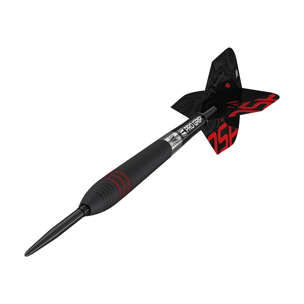 190216_Target_Nathan_Aspinall_Black_Swiss_Point_Steeldarts_4 Auf dem Bild ist ein schwarzer Steeldart mit roten Akzenten zu sehen. Der Dart hat eine strukturierte Griffzone und schwarze Flights mit roter Schrift.