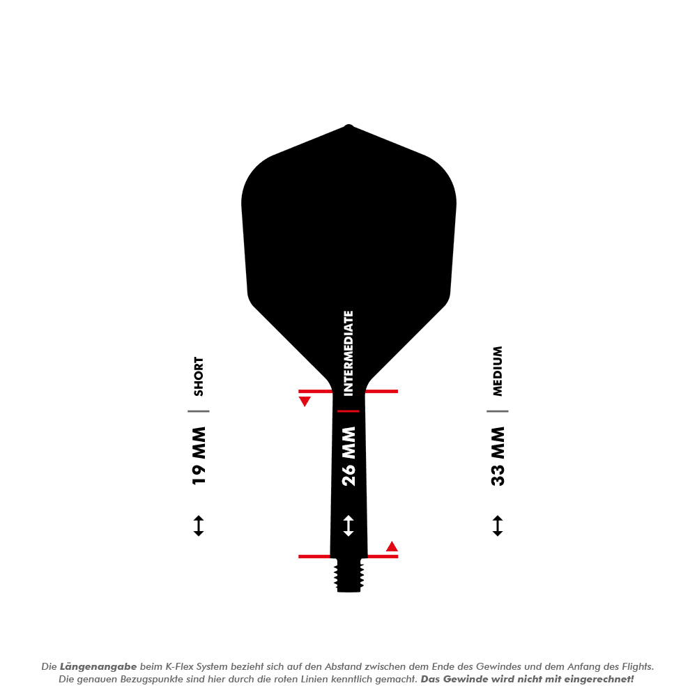 Target K-Flex No6 Flight System - White Das Bild zeigt eine Dart-Flightschafte mit Längenangaben in Millimetern. Es werden die drei Längen "Short" (19 mm), "Intermediate" (26 mm) und "Medium" (33 mm) dargestellt.