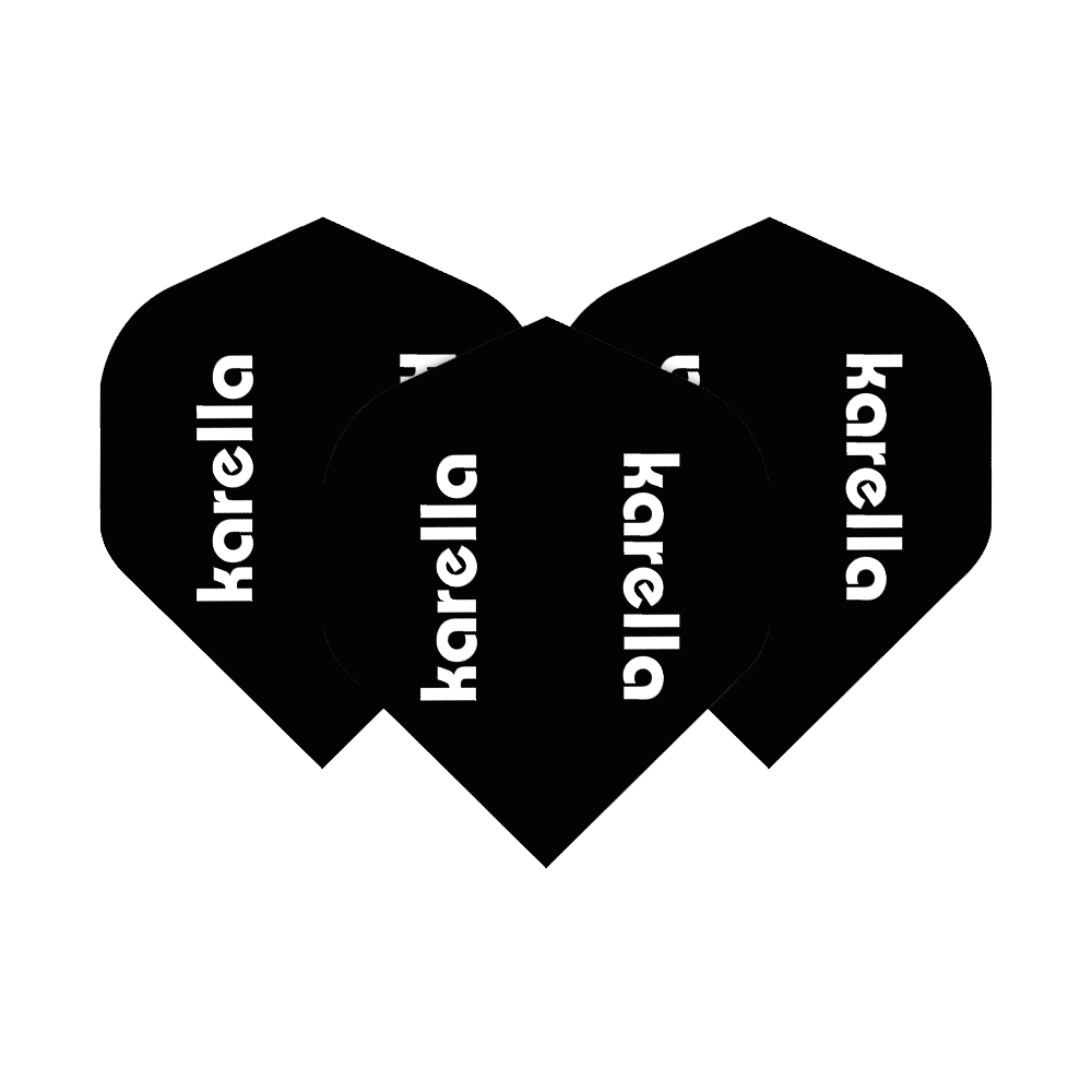8032-09_Karella_XT-2_No2_Standard_Flights_1Jdku4Ucj7XgX7 Das Bild zeigt drei schwarze Dart-Flights mit der weißen Aufschrift „karella“. Es handelt sich um das Produkt „Karella XT-2 No2 Standard Flights“.