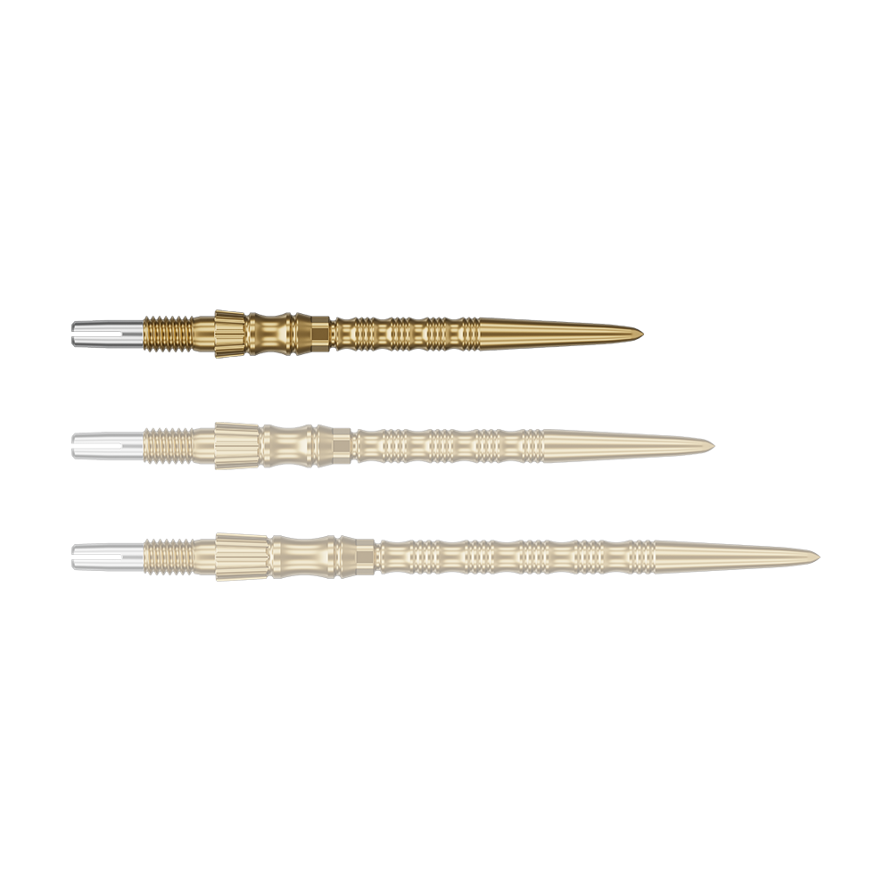 Target Signature Swiss Point TRB steel dart tips - gold Ein einzelner Target SwissPoint Signature TRB Dartspitze in Gold mit 30mm Länge wird gezeigt. Die Spitze ist detailliert abgebildet.