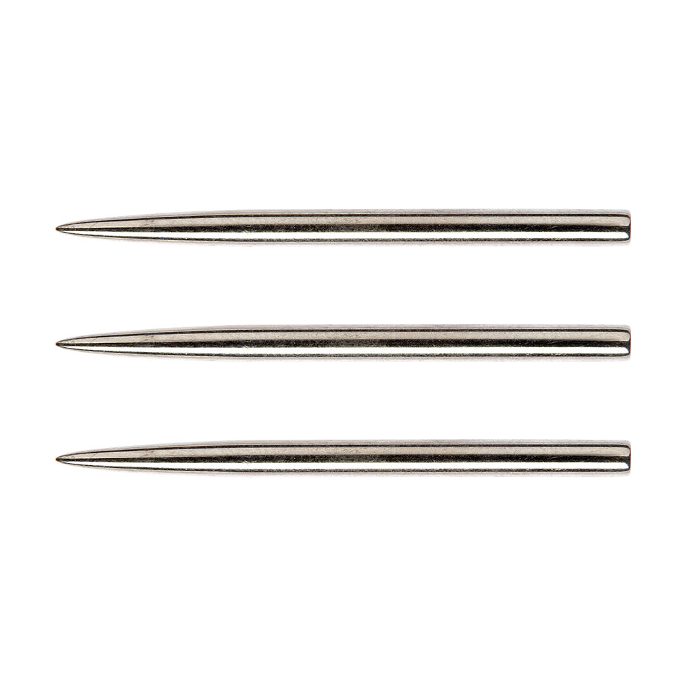 8610Silver_Winmau_Standard_Silver_Effect_Steeldart_Spitzen_32mm_1 Das Bild zeigt drei silberne Steeldart-Spitzen in einer Reihe. Es handelt sich um das Produkt "Winmau Standard Silver Effect Steeldart Spitzen - 32mm".