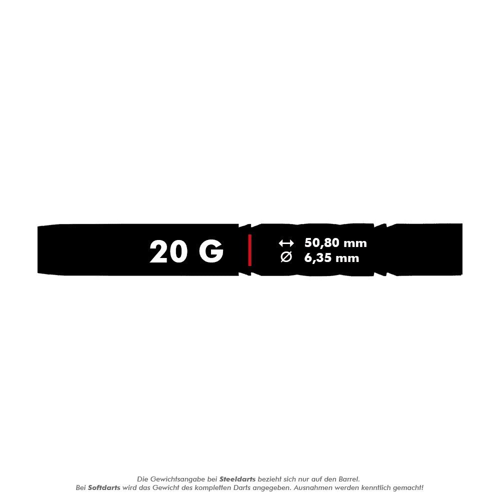 RD2546_Red_Dragon_Gerwyn_Price_Avalanche_Gold_Softdarts_5_20g Das Bild zeigt den Red Dragon Gerwyn Price Avalanche Gold Softdart mit einem Gewicht von 20 Gramm. Die Länge beträgt 50,80 mm und der Durchmesser 6,35 mm.