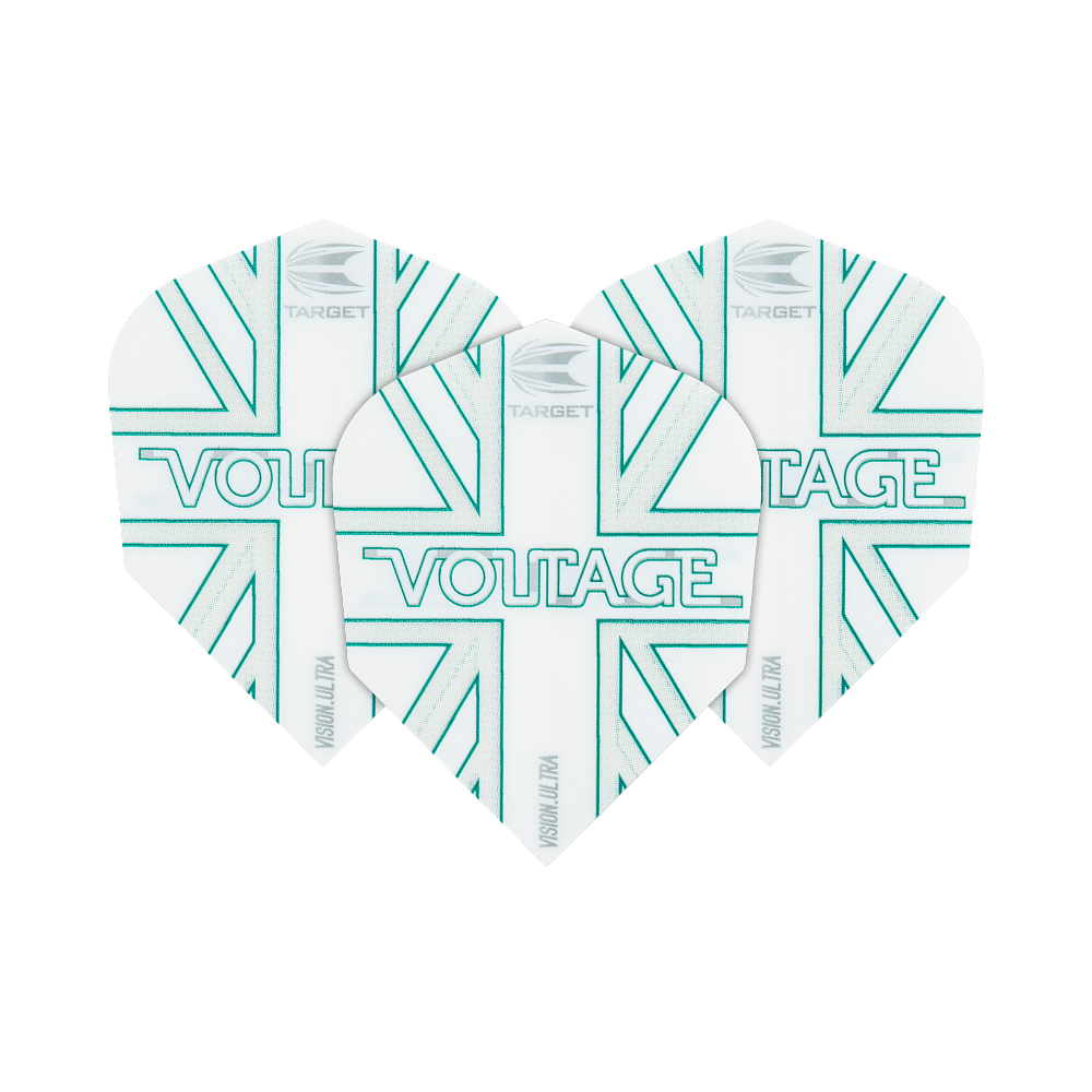 TG271_332850_Target_VisionUltra_Rob_Cross_Voltage_No6_Flights_1EEqIIjz4y96hW Das Bild zeigt drei weiße Dart-Flights mit türkisfarbenen Linien und dem Schriftzug "VOLTAGE" in der Mitte. Oben steht das Logo von "Target" und an der Seite ist "Vision Ultra" zu lesen.