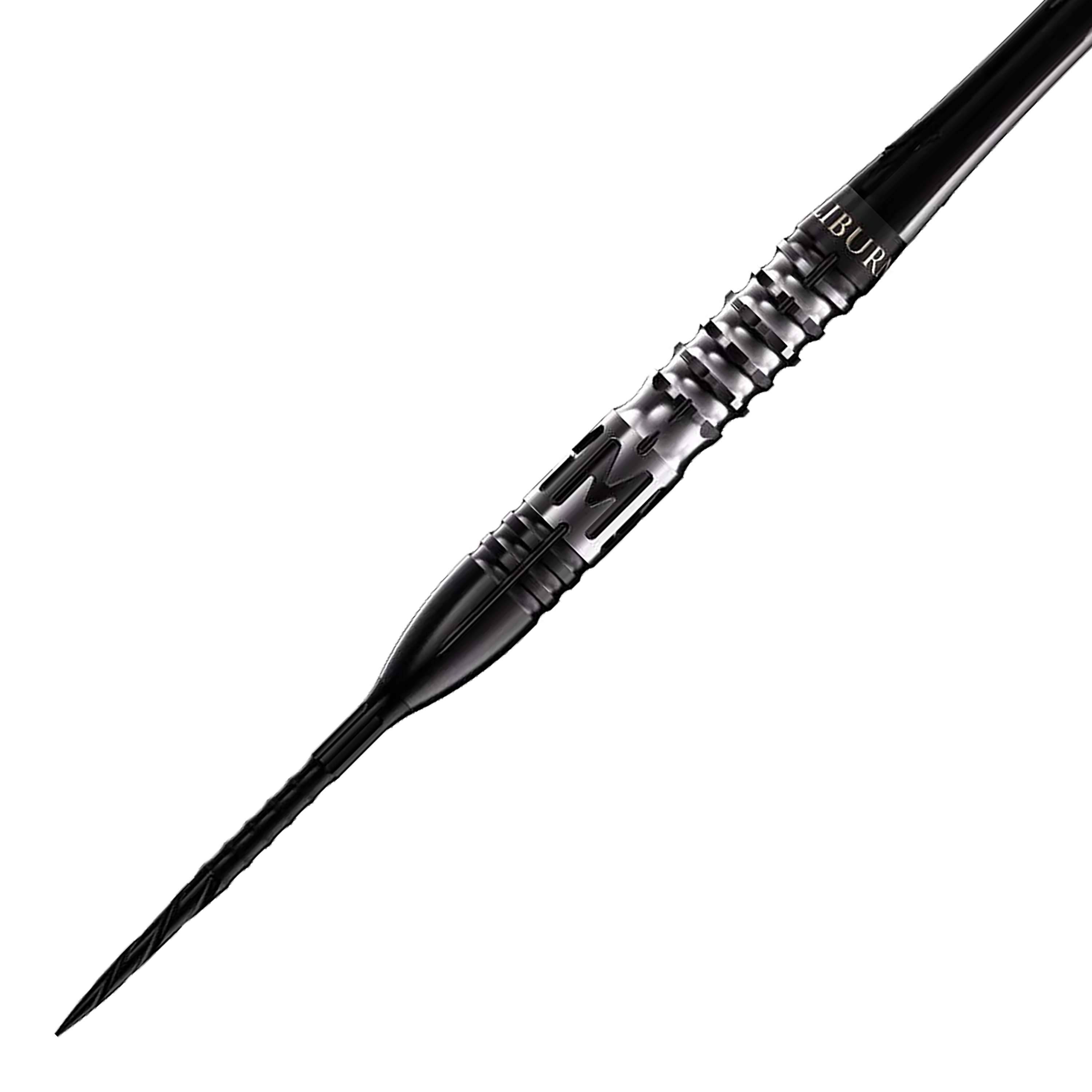 Das Bild zeigt einen Caliburn Player MAK Steeldart mit einem Gewicht von 23,5g. Der Dart ist schwarz-silber und hat ein modernes, geriffeltes Griffdesign.