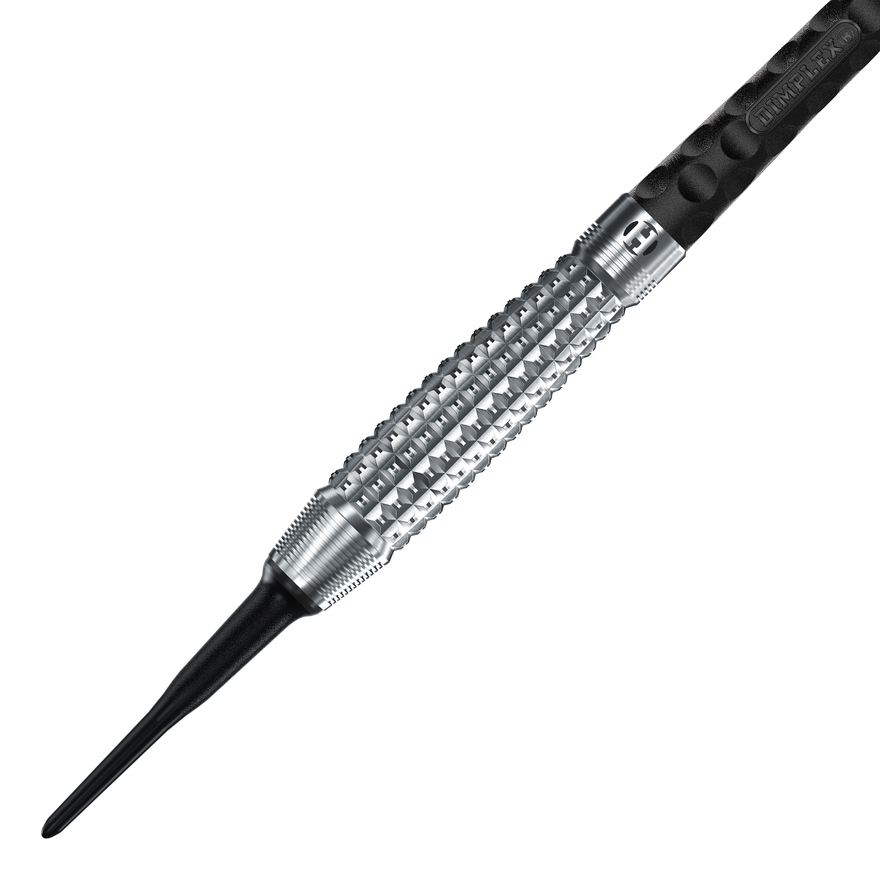 Harrows Dimplex S3 Bomb soft darts Das Bild zeigt einen Harrows Dimplex S3 Bomb Softdart. Der Dartpfeil hat eine silberne, strukturierte Griffzone und eine schwarze Kunststoffspitze.